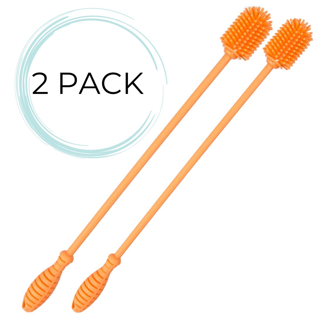 Fizzpod Silicone Bottle Cleaning Brush | 2 PACK | Long Handle,15" Water Bottle Cleaner for Baby Bottles, Hydro Flask, Vacuum Sports Bottle, Vase, Glassware, Perfect for Narrow Neck Containers (Orange) by Drinkpod
