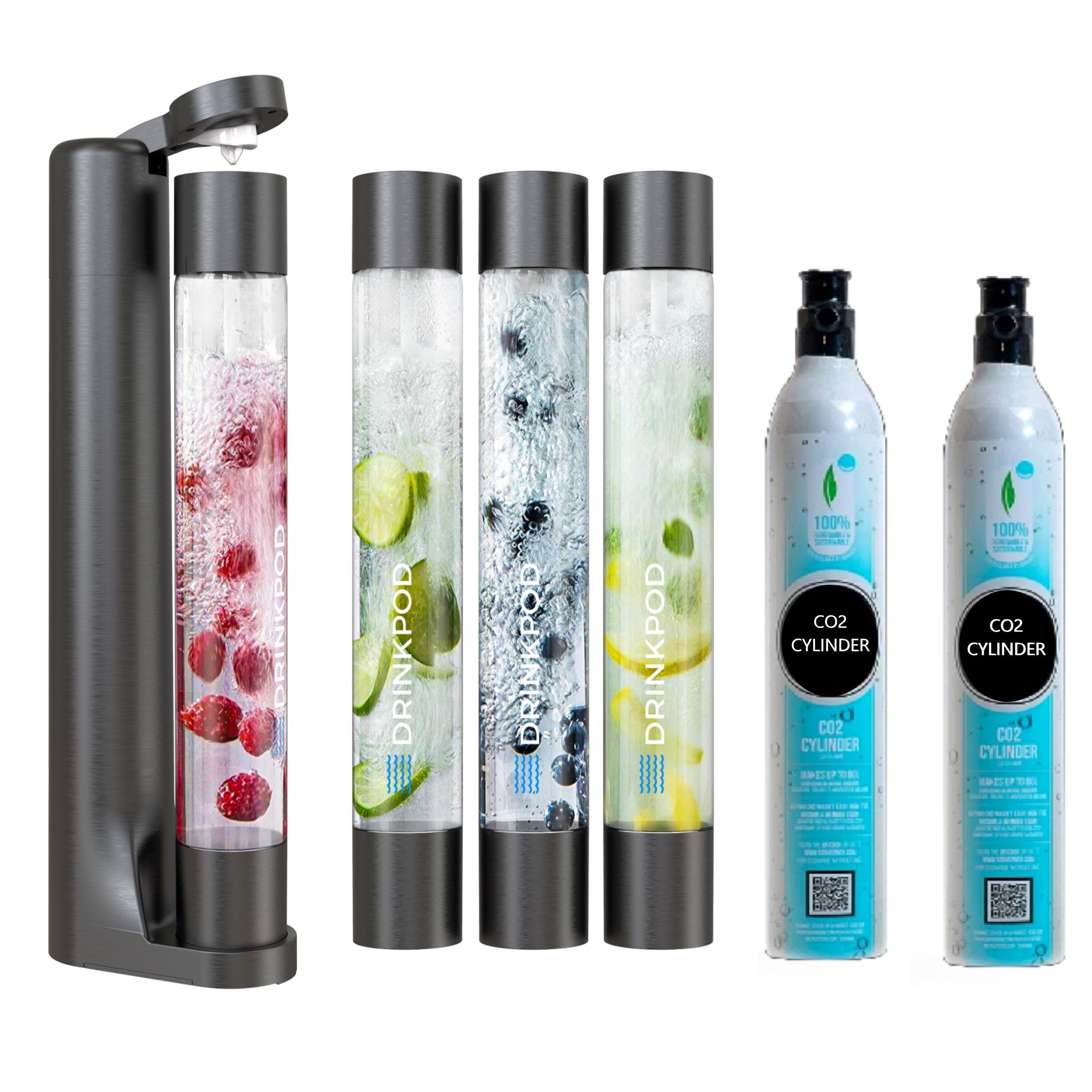 FIZZPod Soda Machine + 2 CO₂ Cylinder - Make Homemade Sparkling Water, Juice, Tea and Cocktail Drinks with Fruits & Candy by Drinkpod