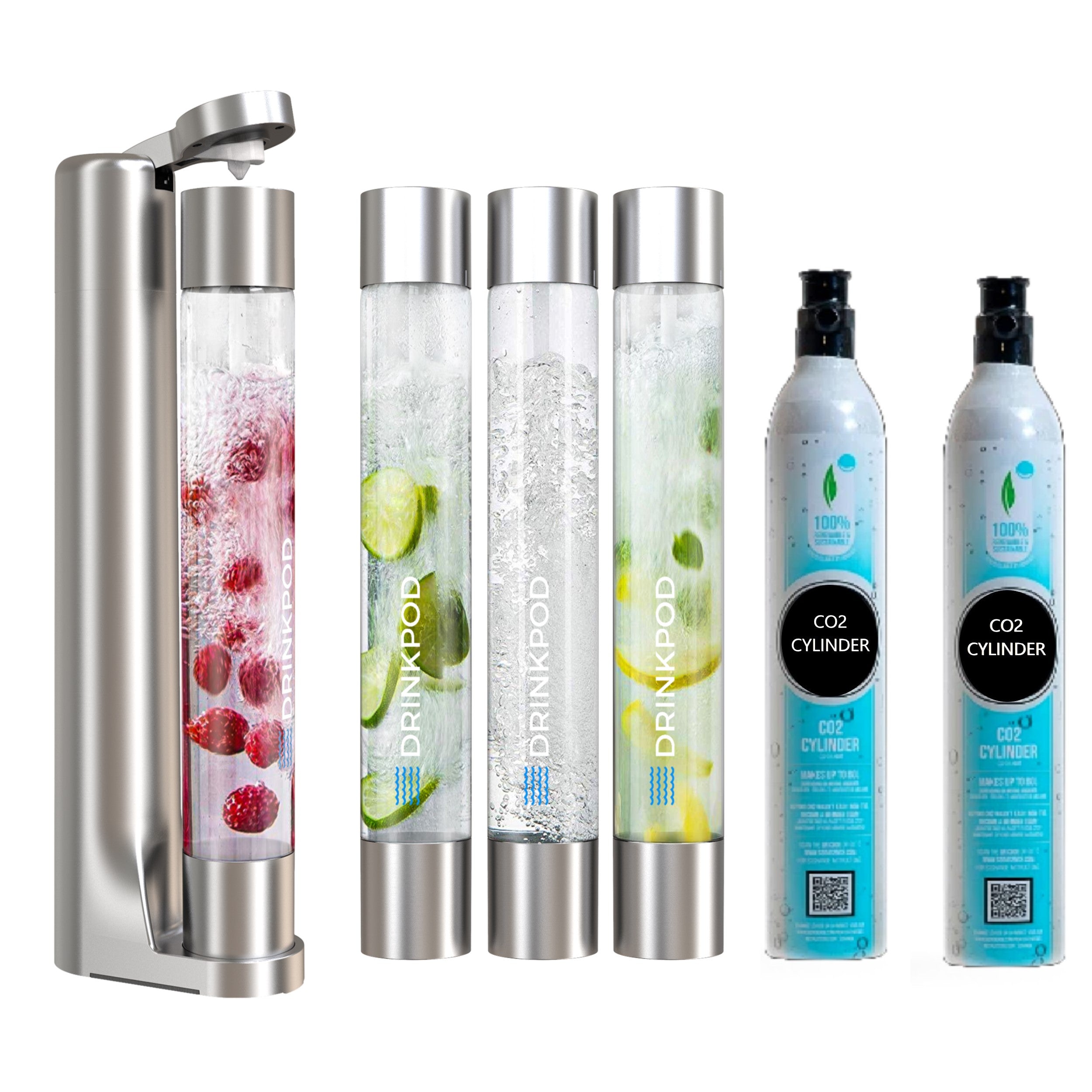 FIZZPod Soda Machine + 2 CO₂ Cylinder - Make Homemade Sparkling Water, Juice, Tea and Cocktail Drinks with Fruits & Candy by Drinkpod