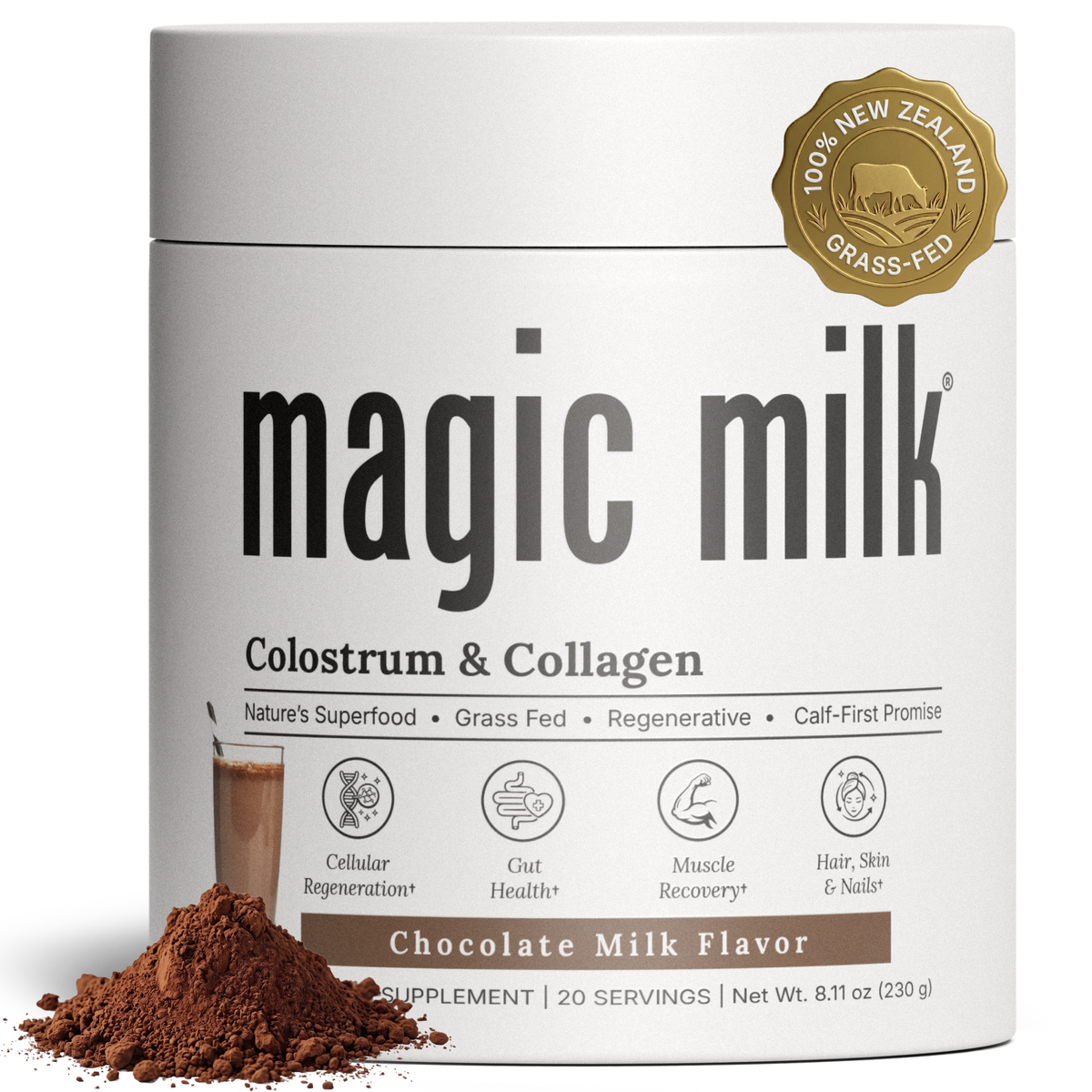 magic milk - colostrum, grass-fed from New Zealand, chocolate milk flavor