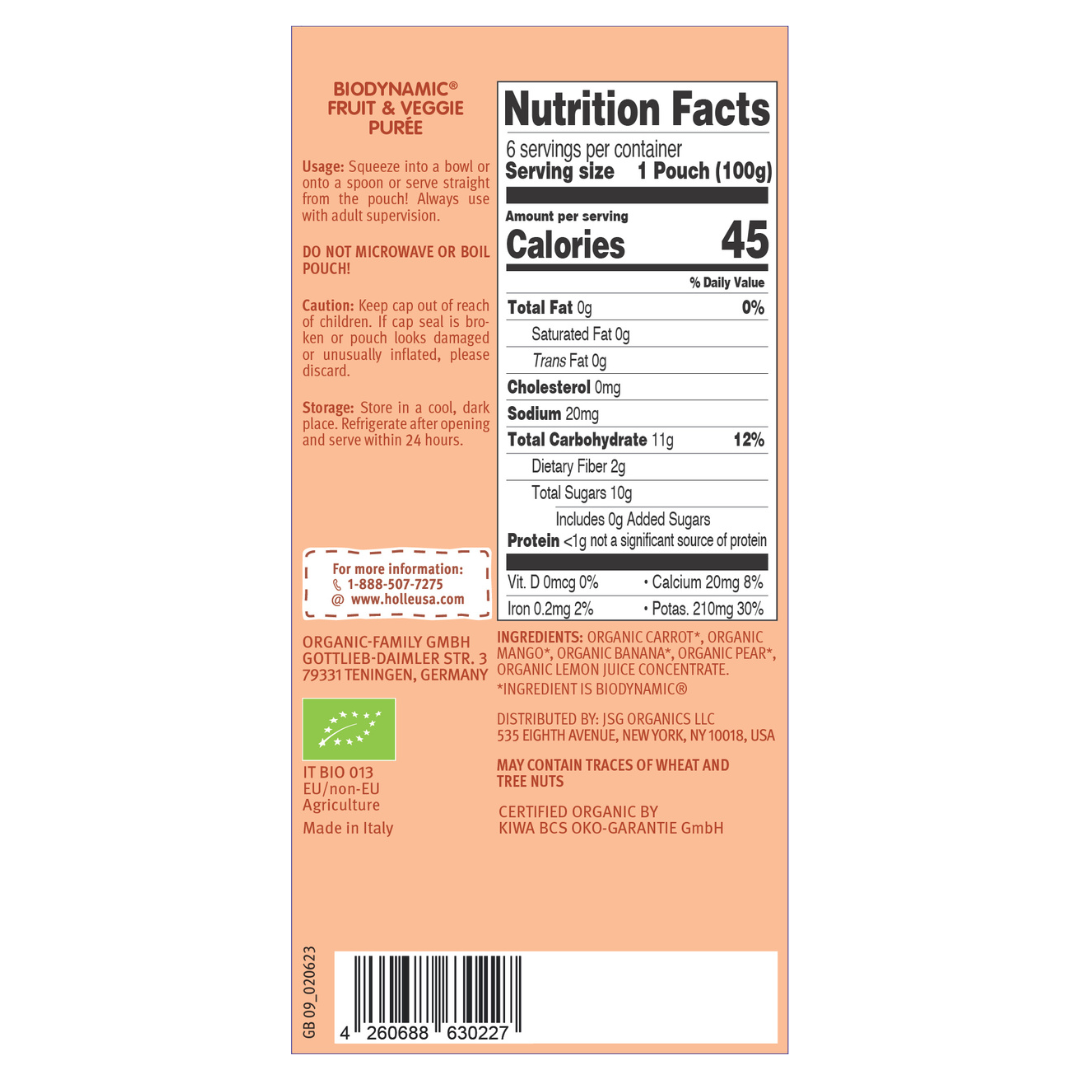 Holle Baby Food Pouches - Organic Fruit & Veggie Puree - Carrot Cat by Holle USA