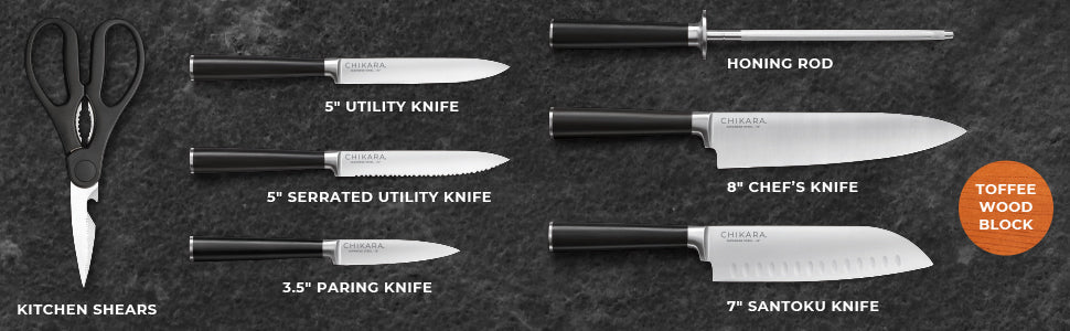 Ginsu Gourmet Chikara Series Forged 420J Japanese Stainless Steel 8-Piece Knife Set with Finished Hardwood Block by Jupiter Gear Home