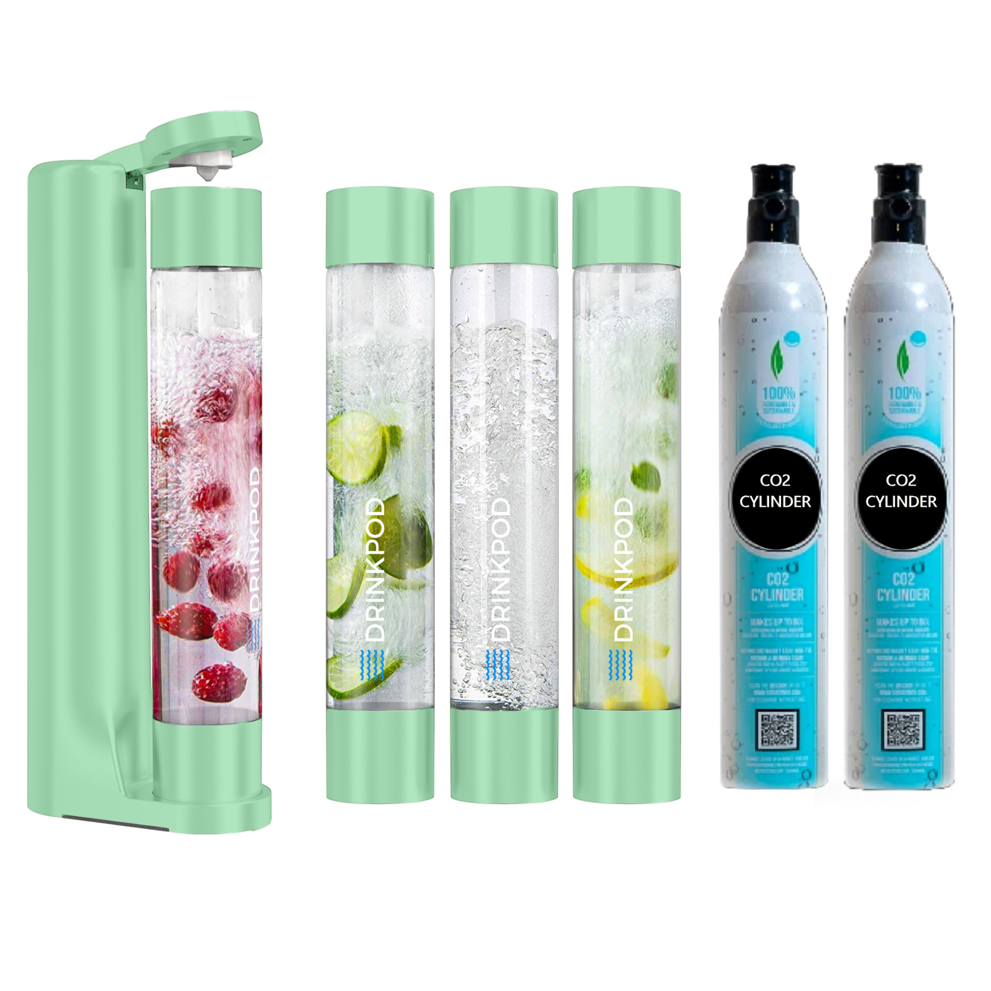 FIZZPod Soda Machine + 2 CO₂ Cylinder - Make Homemade Sparkling Water, Juice, Tea and Cocktail Drinks with Fruits & Candy by Drinkpod