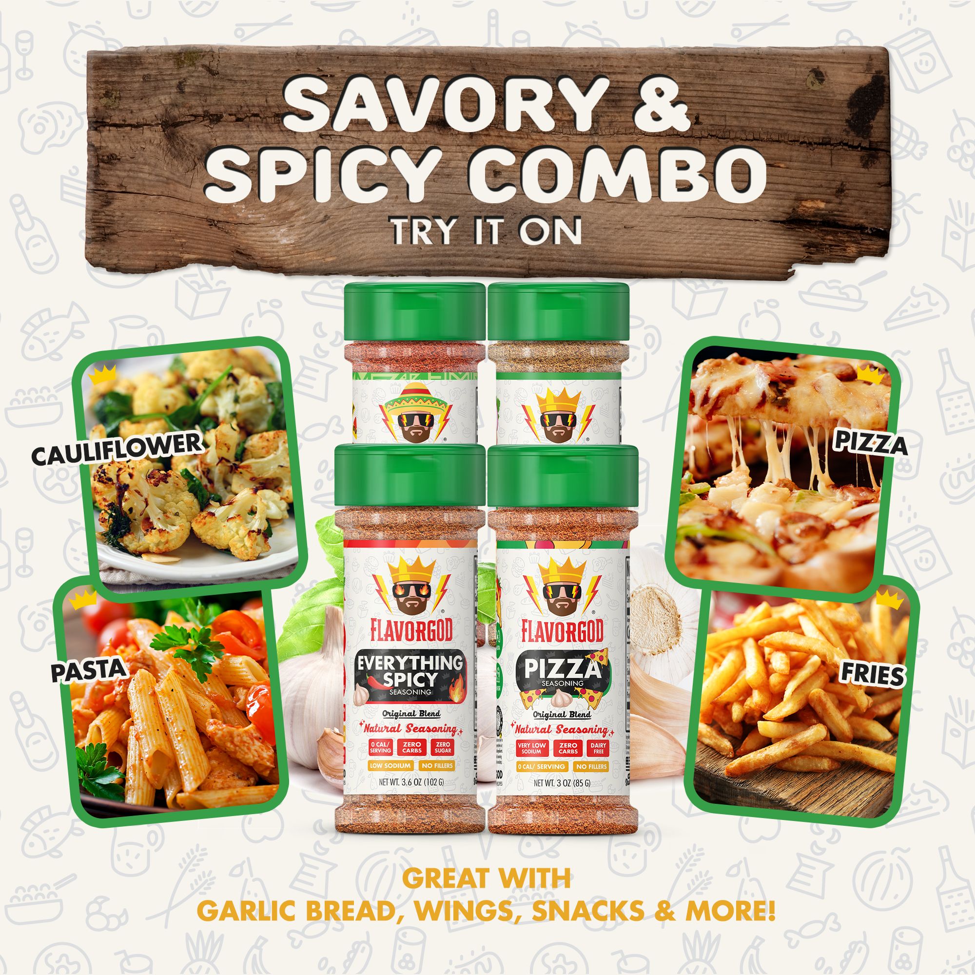 Savory & Spicy Combo Pack of 4, Herbs, Spices and Seasoning Gift Set - Garlic Lovers, Everything Spicy, Taco Tuesday, Pizza - Premium All Natural & Healthy Spice Blend by FlavorGod