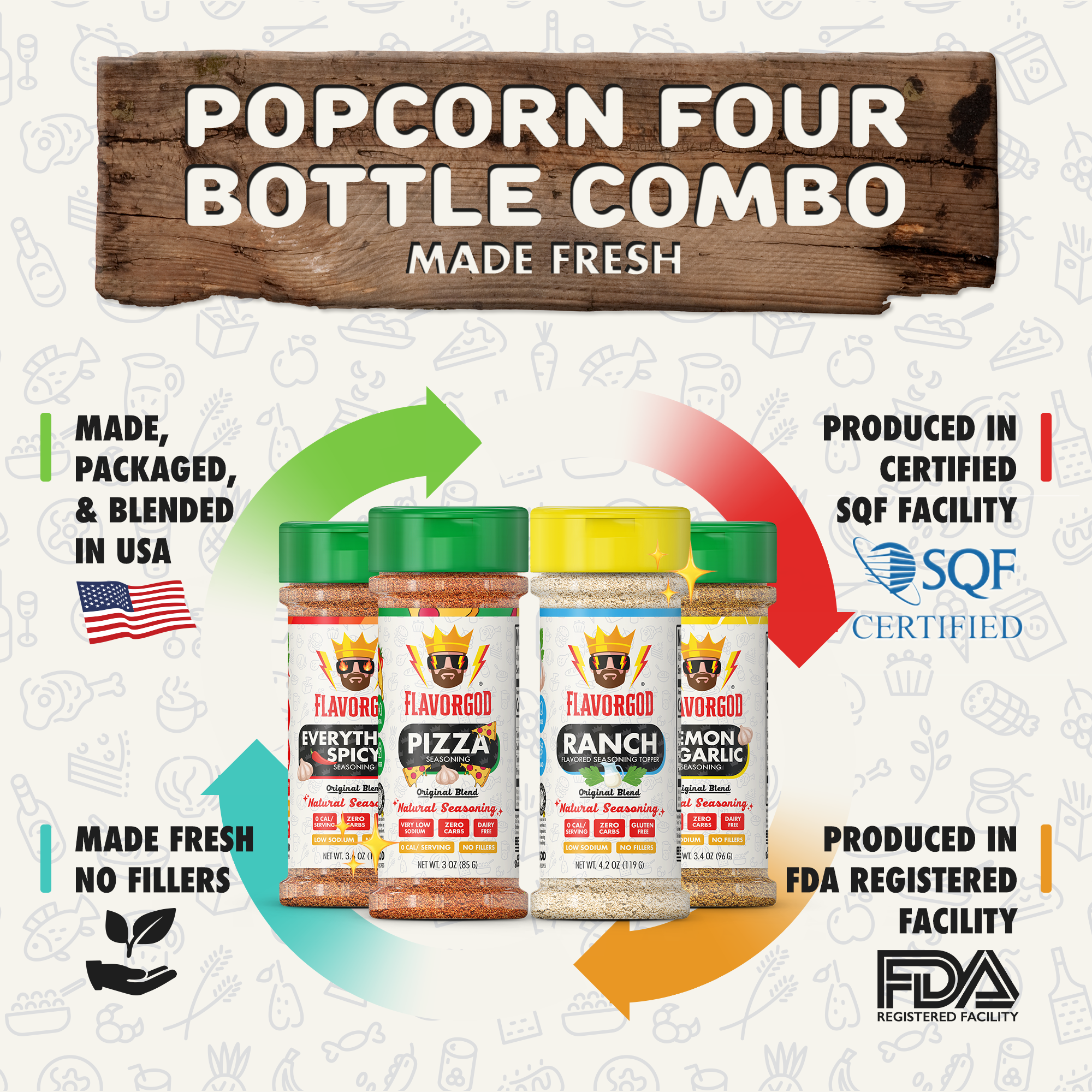 Popcorn Combo Pack of 4, Herb, Spices, Topper and Seasoning Gift Set - Everything Spicy, Pizza, Ranch, Lemon & Garlic - Premium All Natural & Healthy Spice Blend by Flavor God Seasonings