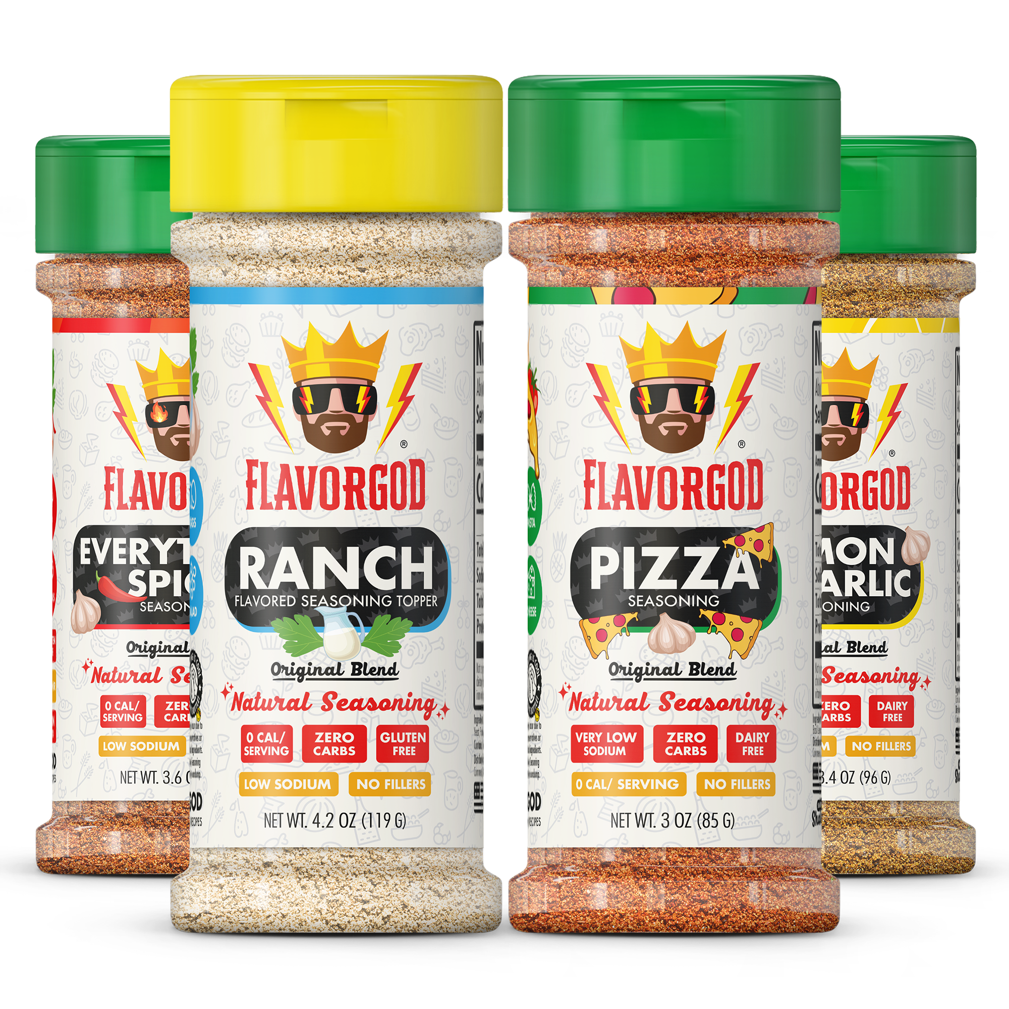 Popcorn Combo Pack of 4, Herb, Spices, Topper and Seasoning Gift Set - Everything Spicy, Pizza, Ranch, Lemon & Garlic - Premium All Natural & Healthy Spice Blend by Flavor God Seasonings