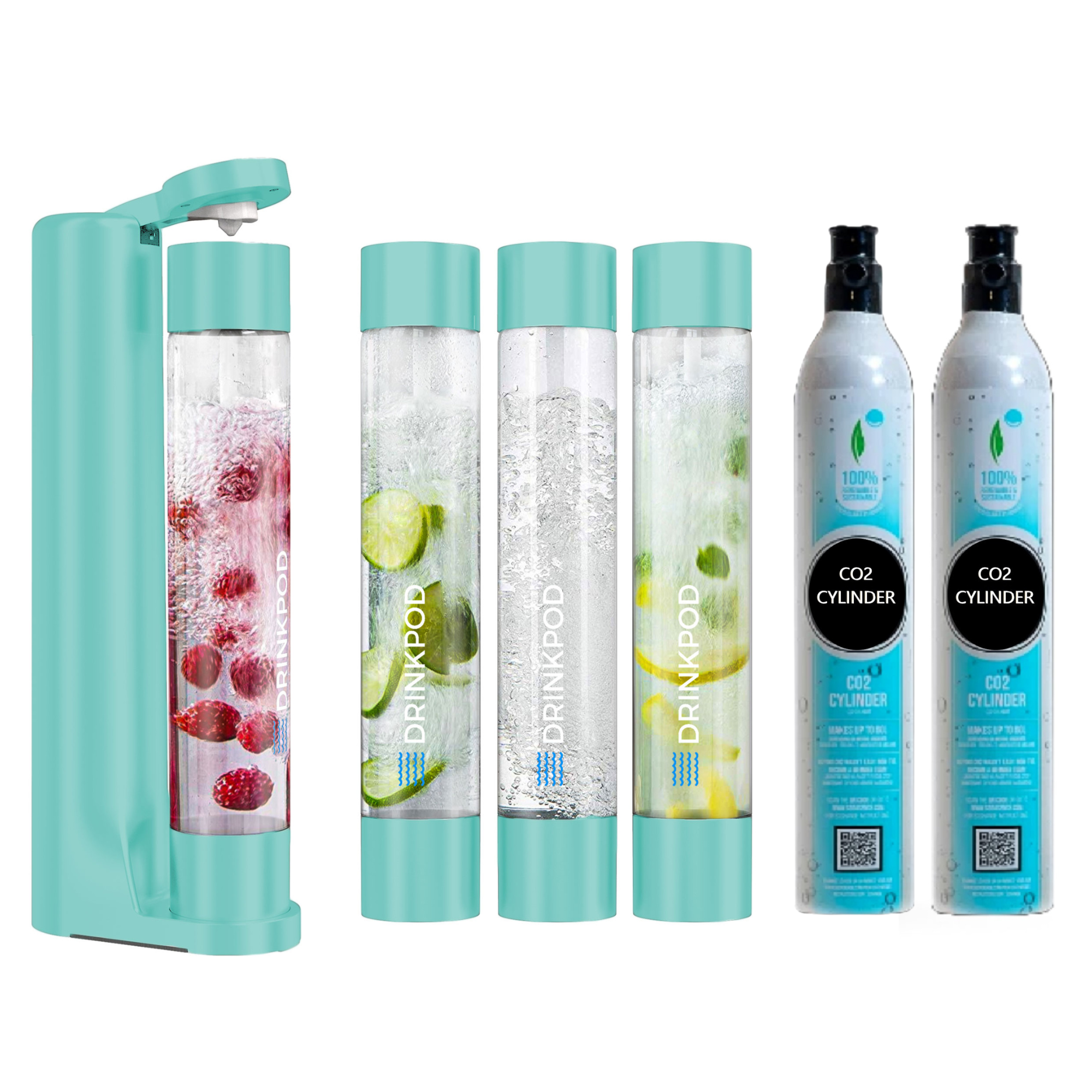 FIZZPod Soda Machine + 2 CO₂ Cylinder - Make Homemade Sparkling Water, Juice, Tea and Cocktail Drinks with Fruits & Candy by Drinkpod
