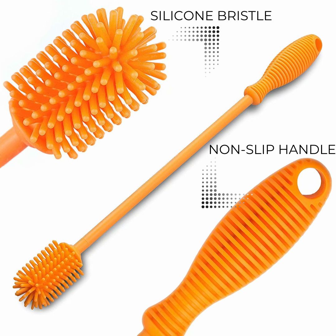 Fizzpod Silicone Bottle Cleaning Brush | 2 PACK | Long Handle,15" Water Bottle Cleaner for Baby Bottles, Hydro Flask, Vacuum Sports Bottle, Vase, Glassware, Perfect for Narrow Neck Containers (Orange) by Drinkpod