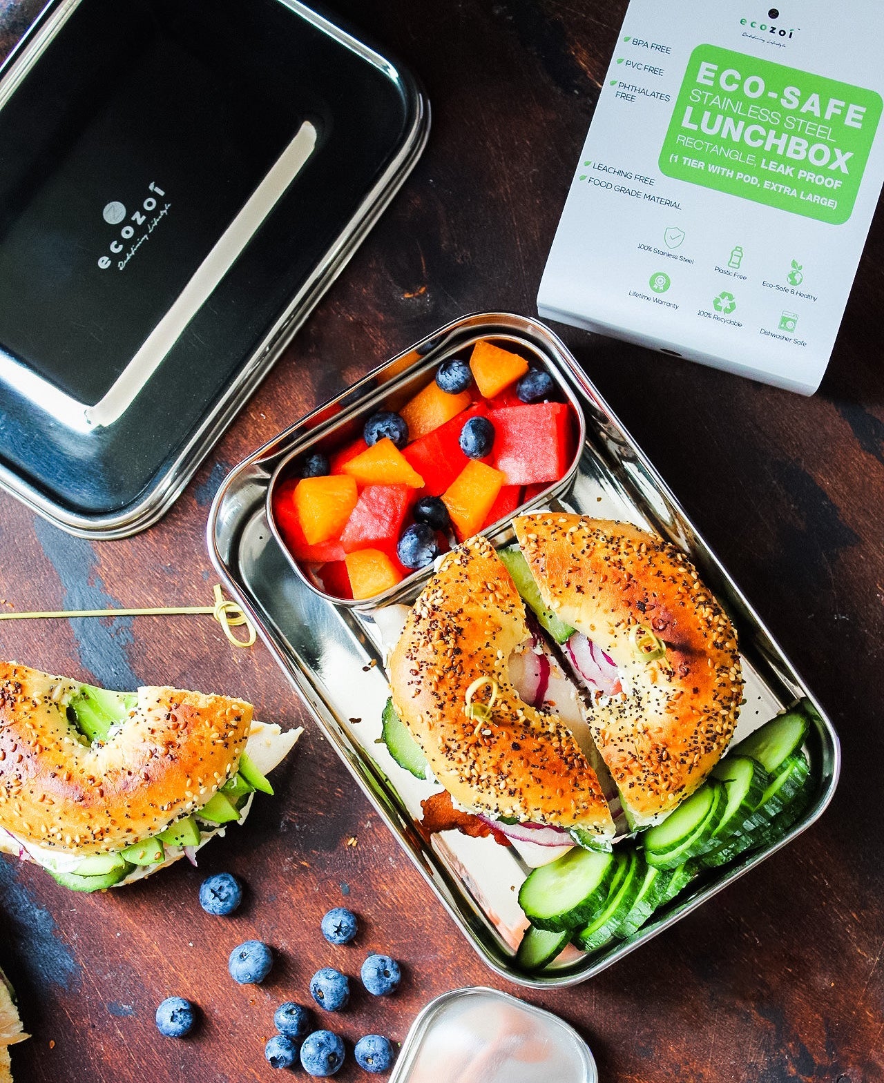 STAINLESS STEEL LUNCH BOX, 1 TIER MICROWAVABLE, WITH REMOVABLE DIVIDER, 50 OZ by ecozoi