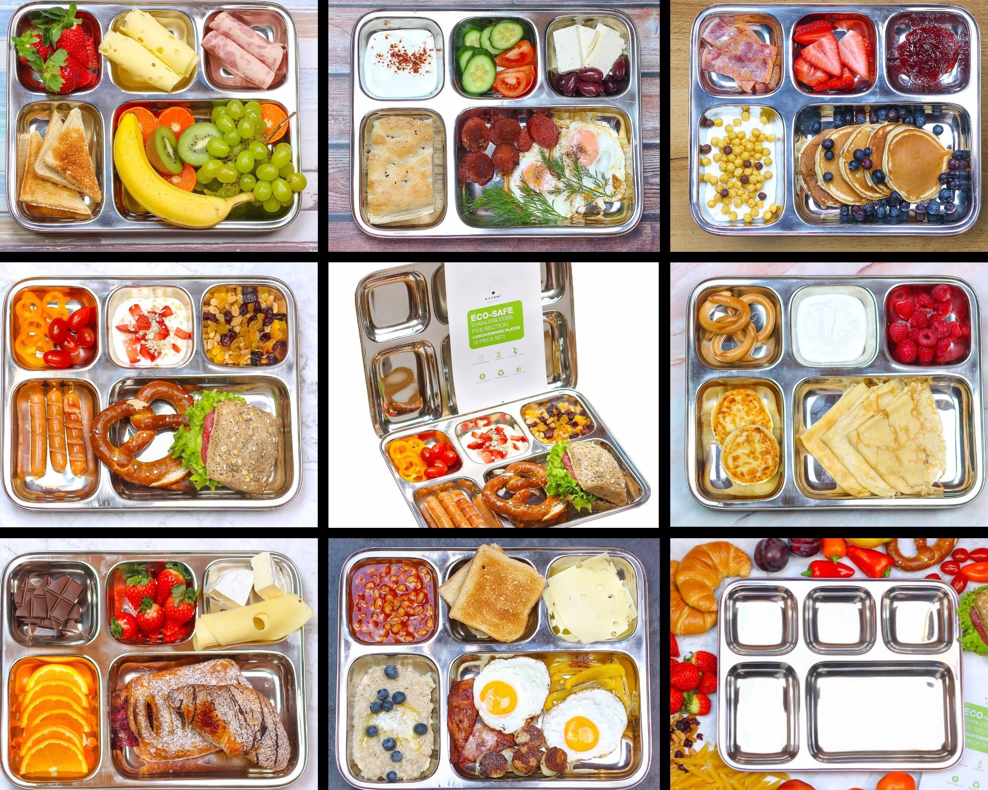 Stainless Steel Dinner Plates, Reusable, 5 Compartments, 2 Pack by ecozoi