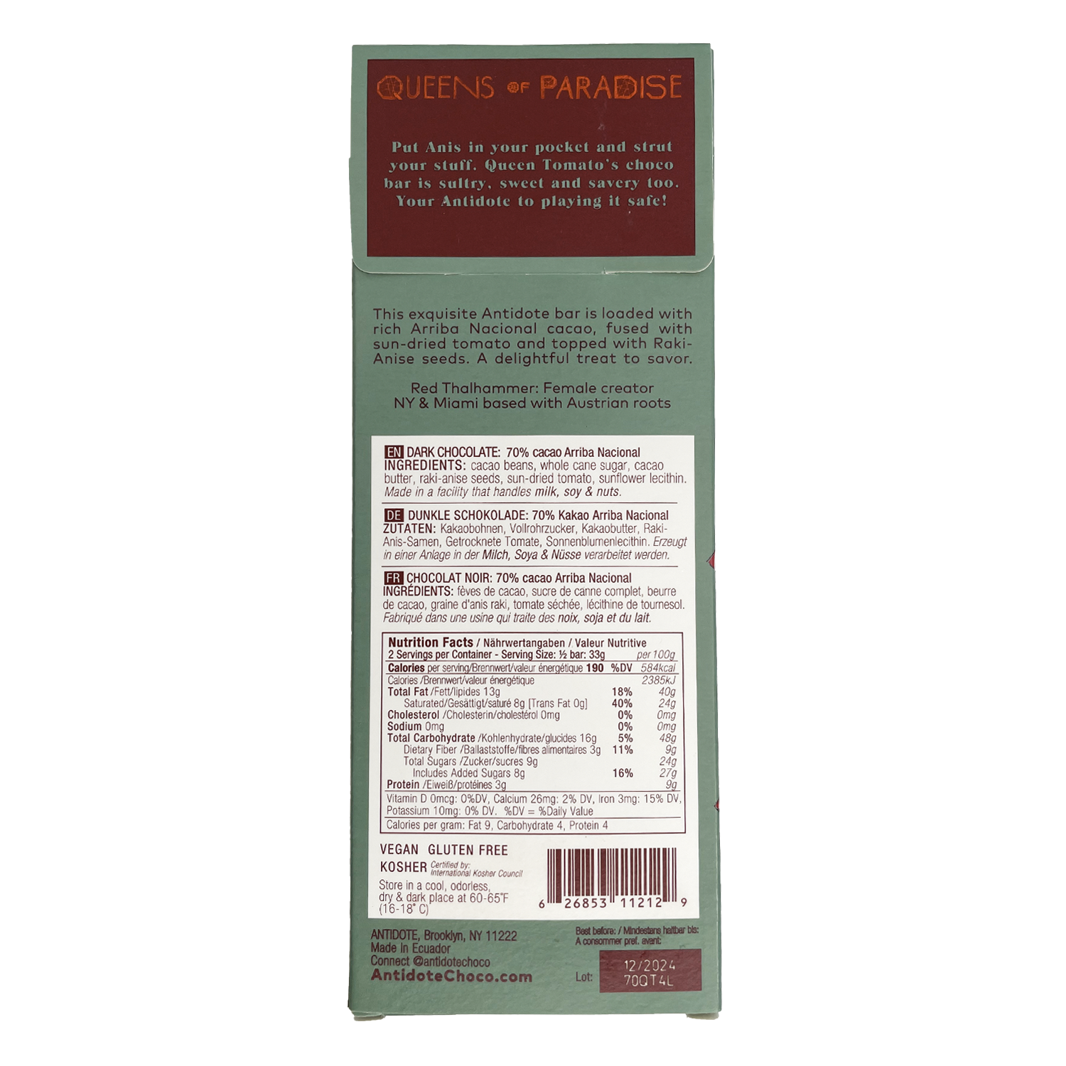 ANTIDOTE CHOCOLATE QUEEN T: ANIS + TOMATO 70% - 12 Bars by Farm2Me