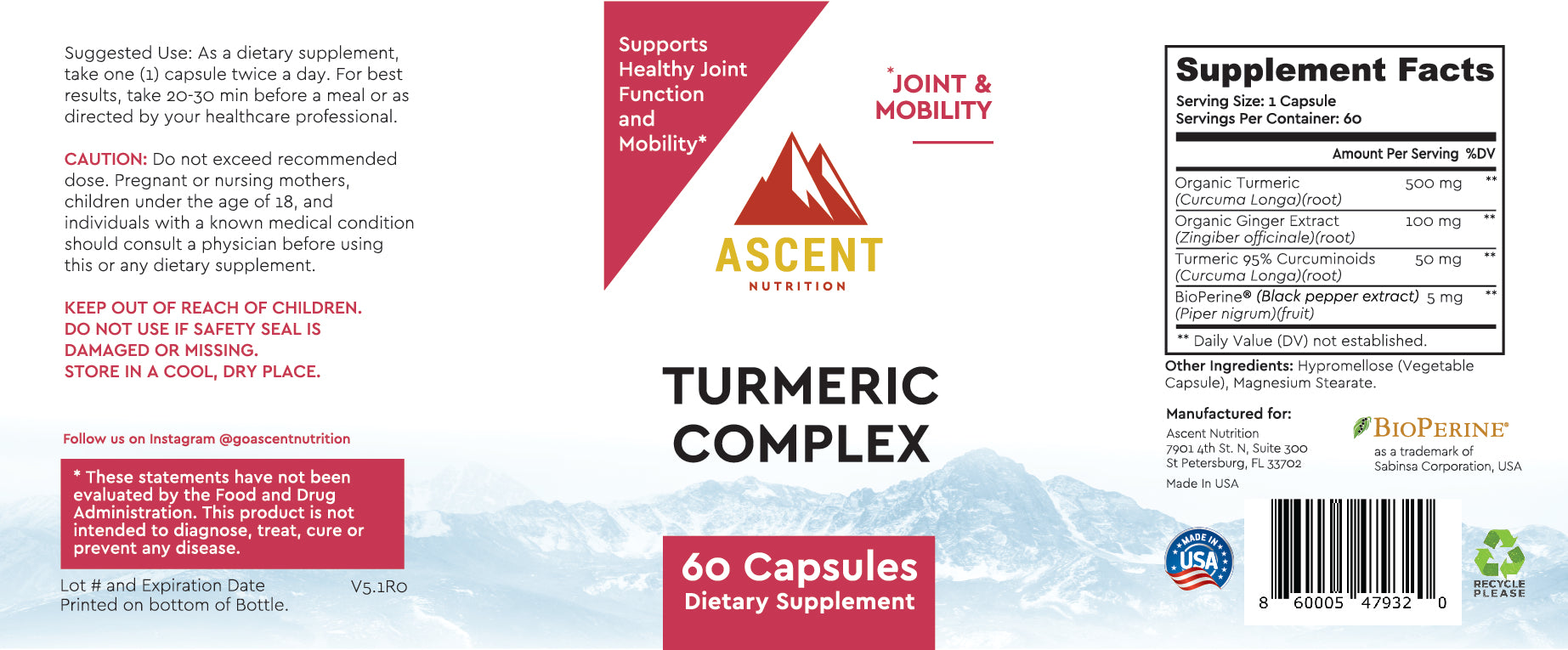 Organic Turmeric Complex, 60 Capsules, 655 mg each by Ascent Nutrition