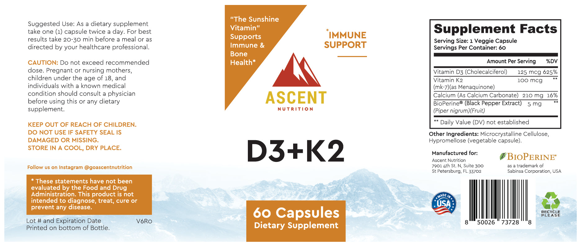 D3 + K2, 60 Capsules, 125 mcg D3 + 100 mcg K2 by Ascent Nutrition