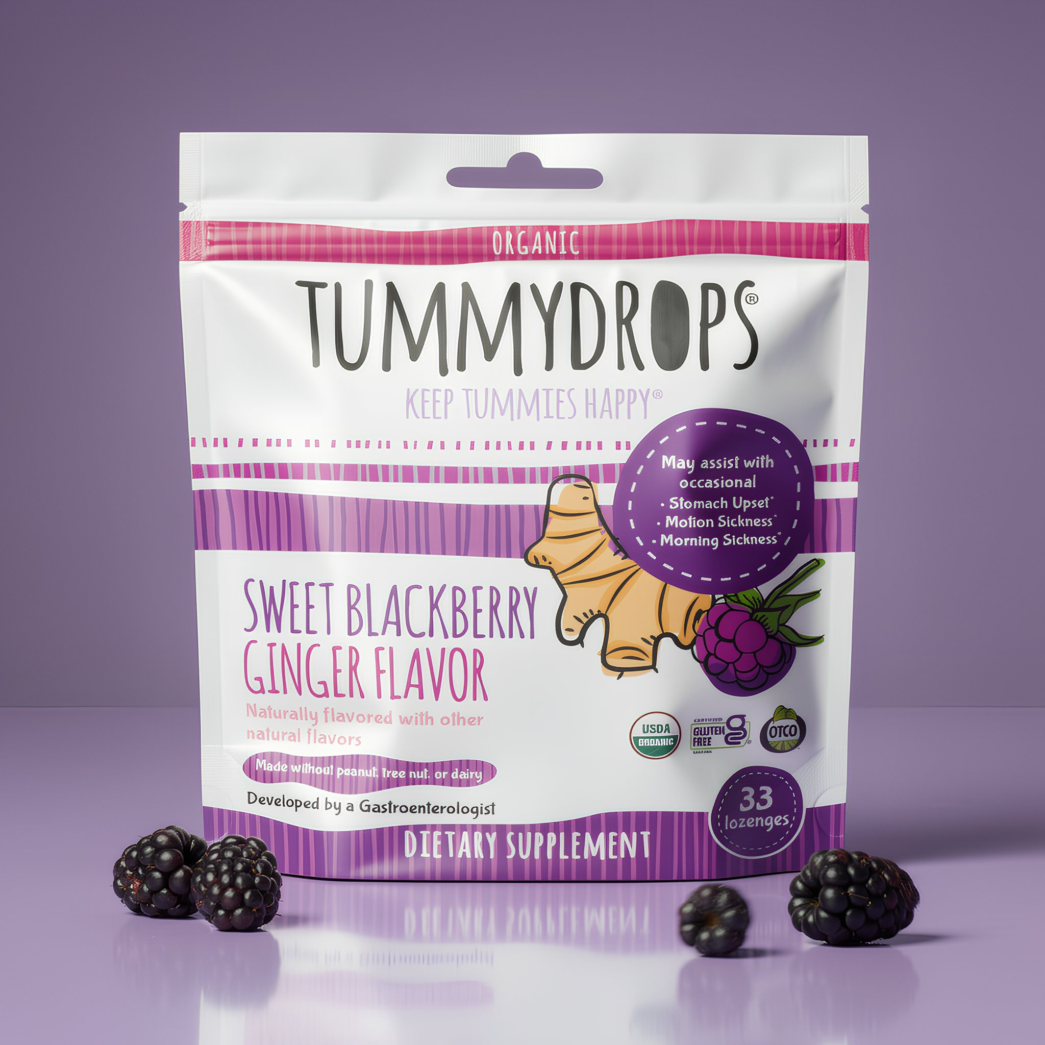 Sweet Blackberry Ginger Tummydrops | Organic Lozenges 33ct Bag