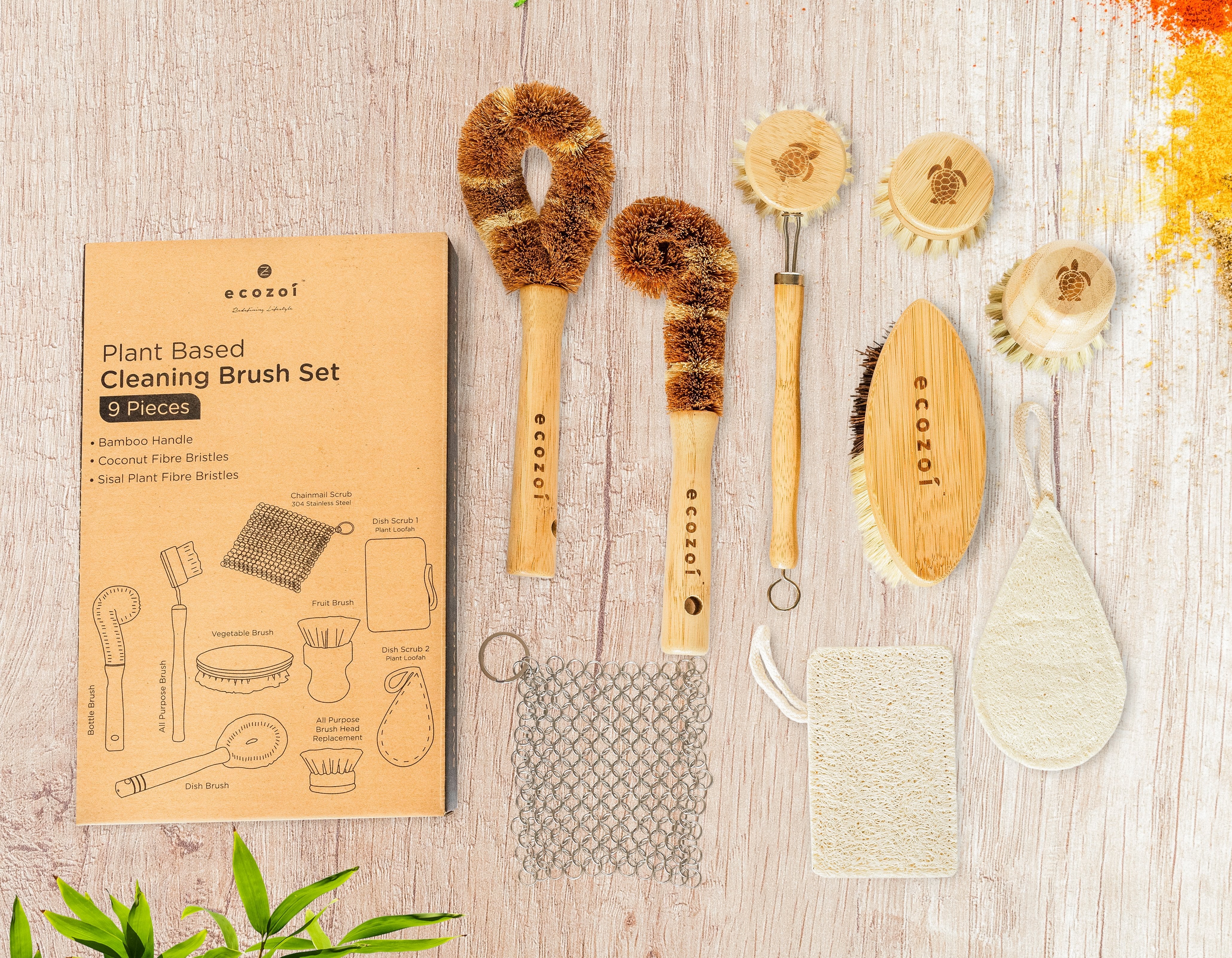 Dish Brush Set, 9 Piece Kitchen Scrub, Zero Waste Brush Set, Plant Based Vegetable Brush Set by ecozoi