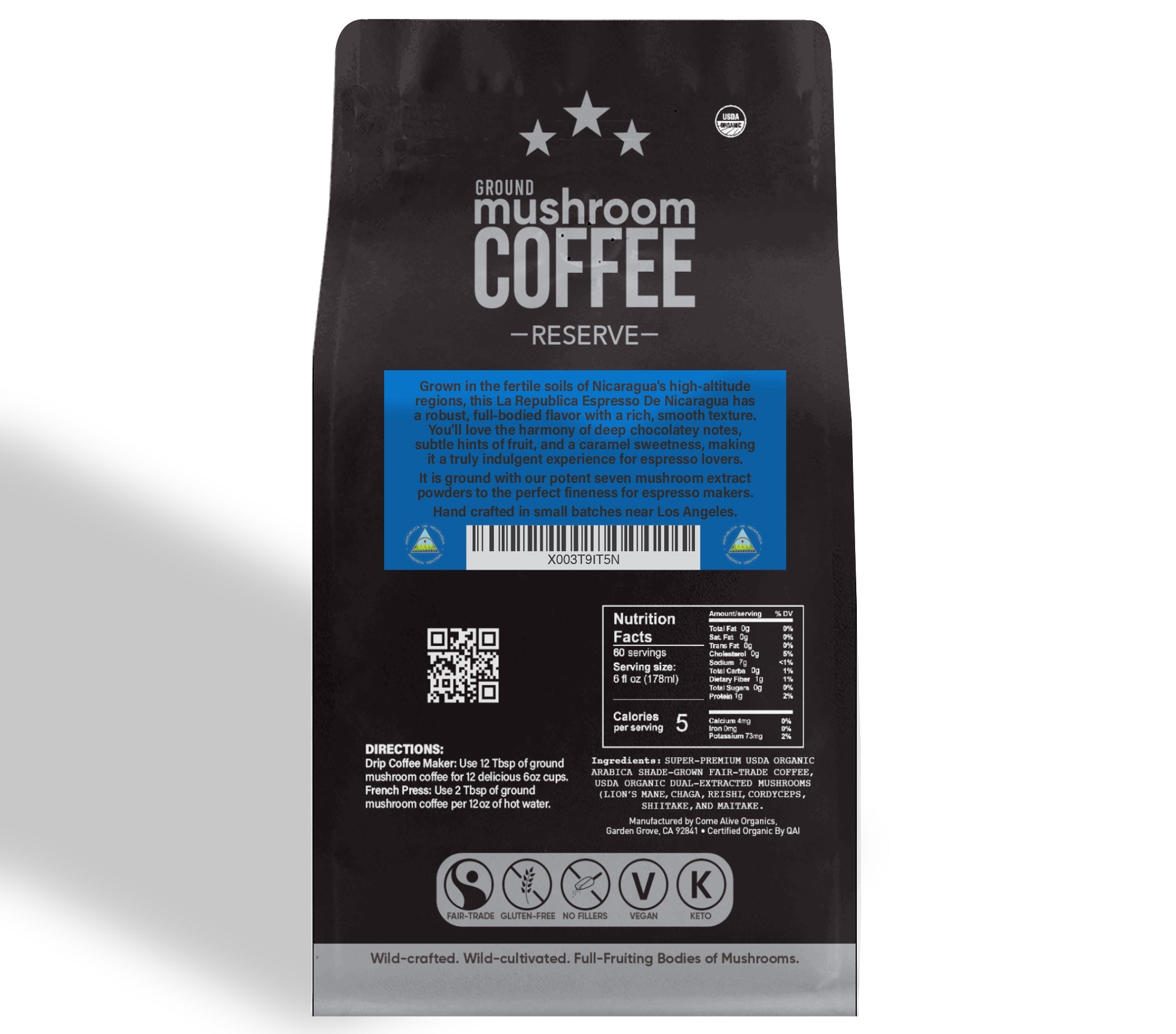 Espresso De Nicaragua Ground RESERVE Mushroom Coffee by La Republica Superfoods