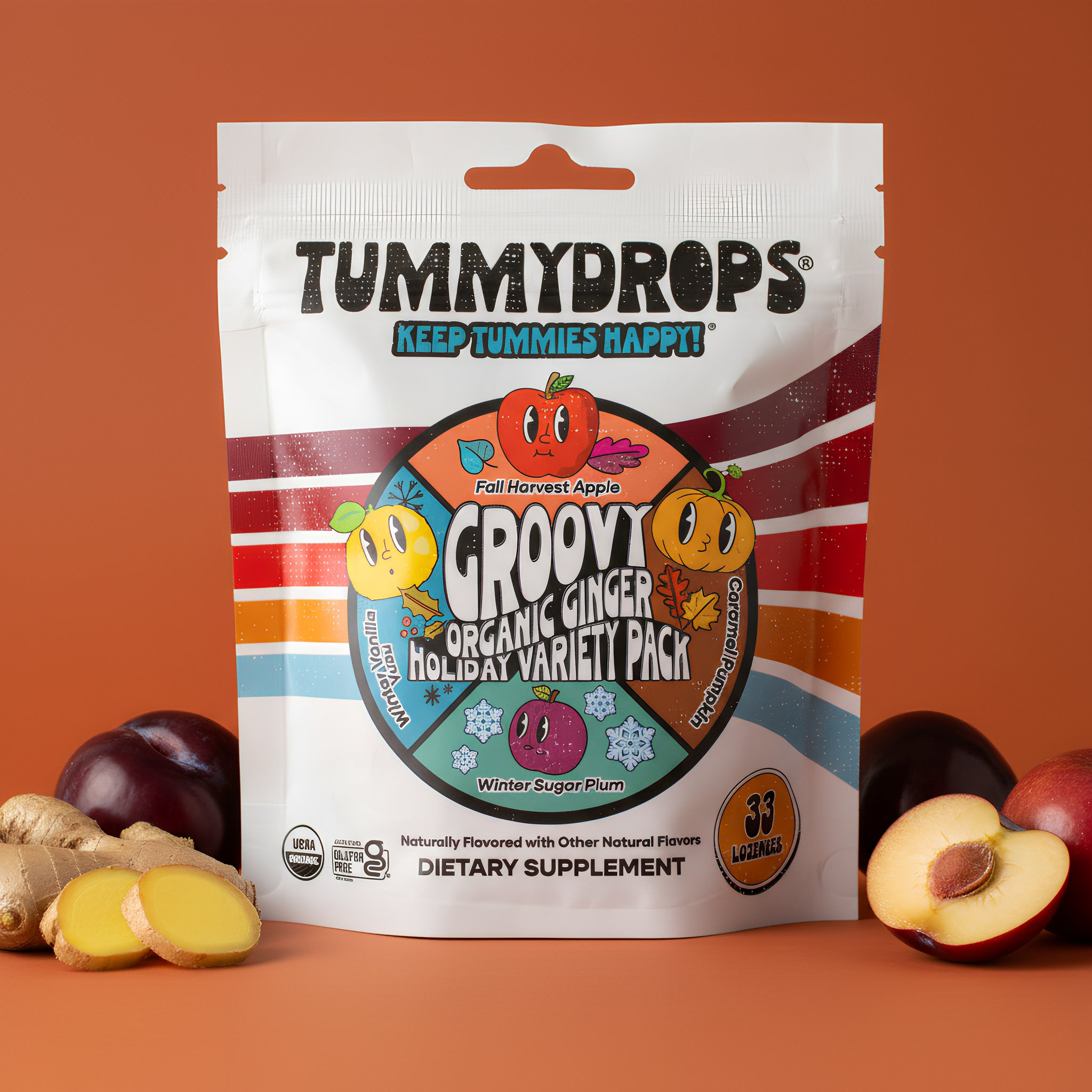 Groovy Ginger Holiday Variety Pack Tummydrops | Organic Lozenges 33ct Bag
