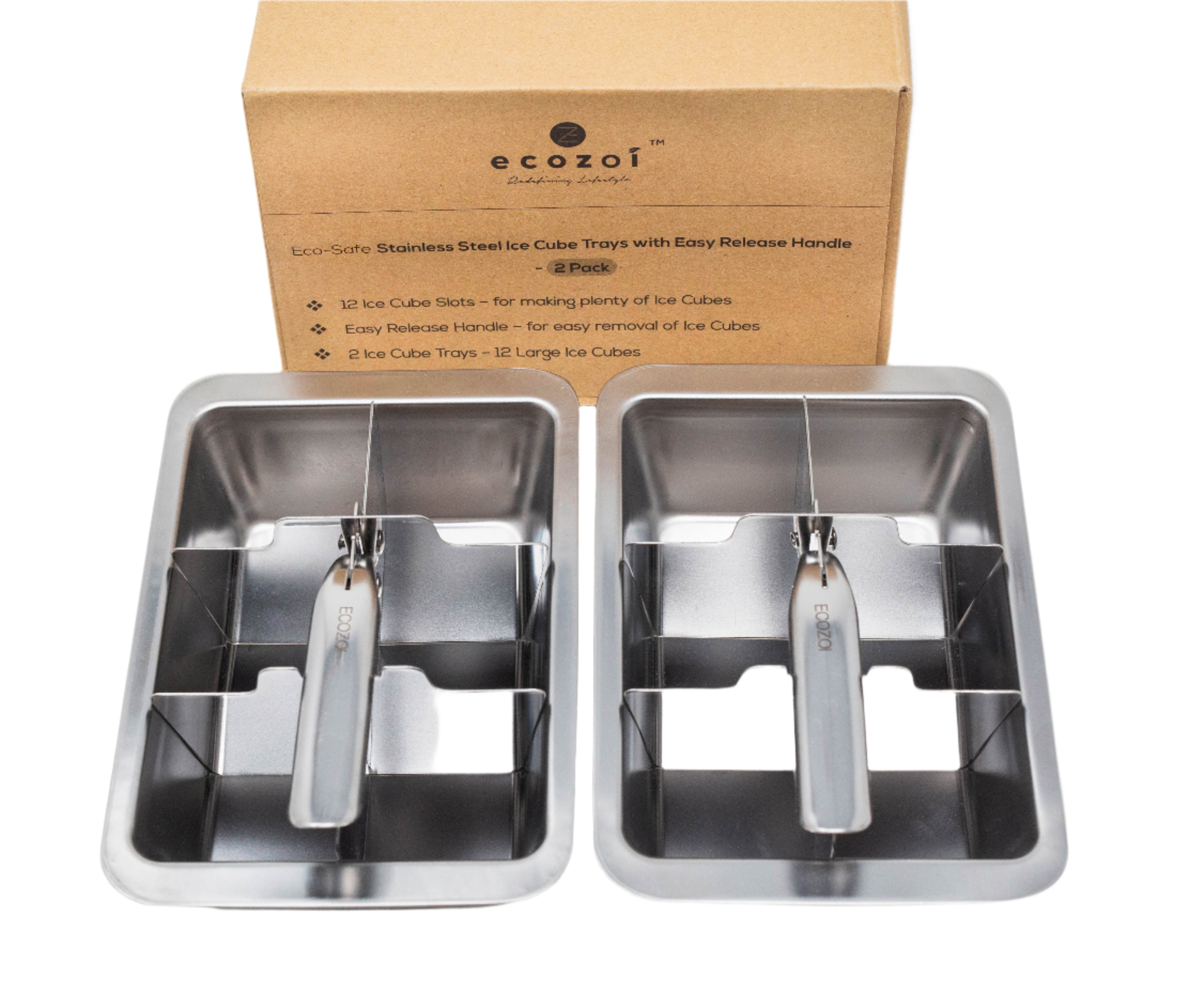 Ecozoi Stainless Steel Ice Cube Trays with Easy Release, 2 Pack, 12 Large Cubes by ecozoi