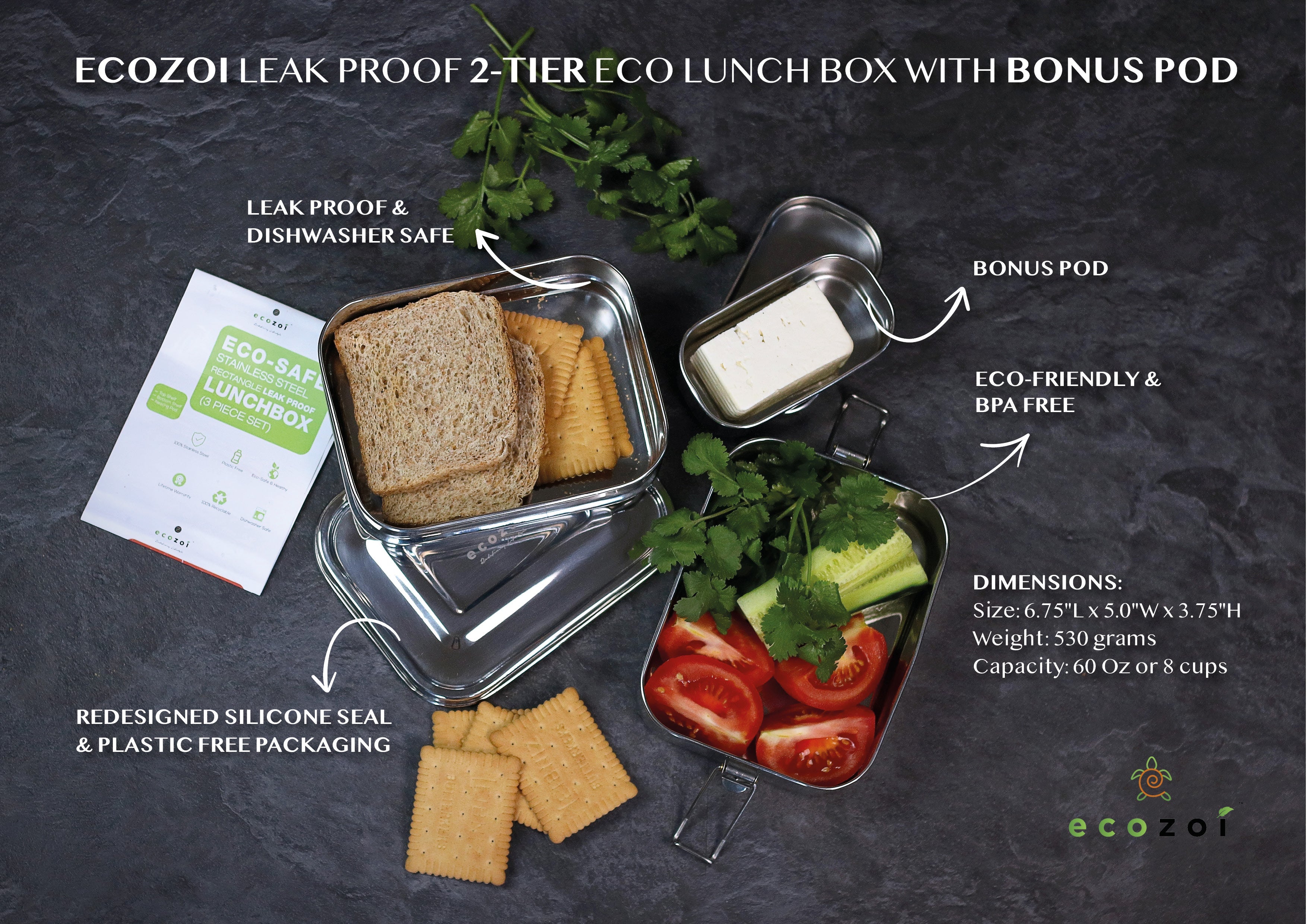 Stainless Steel Lunch Box, 2 Tier Leak Proof, 60 Oz by ecozoi