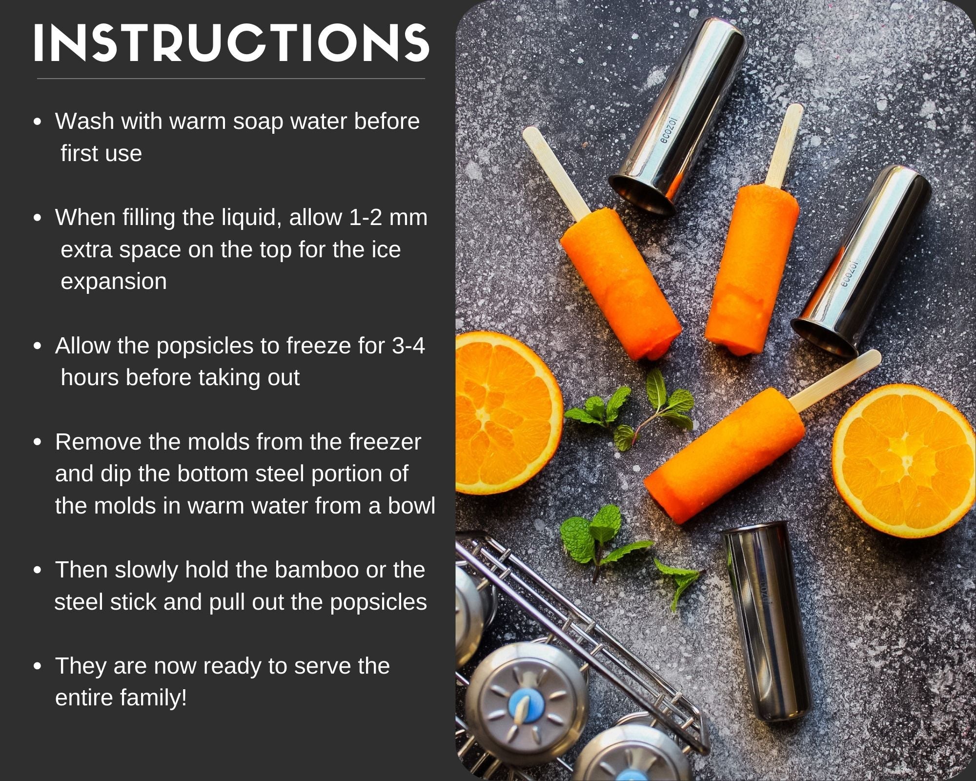 Stainless Steel Popsicle Molds, Round with Reusable Bamboo Sticks by ecozoi