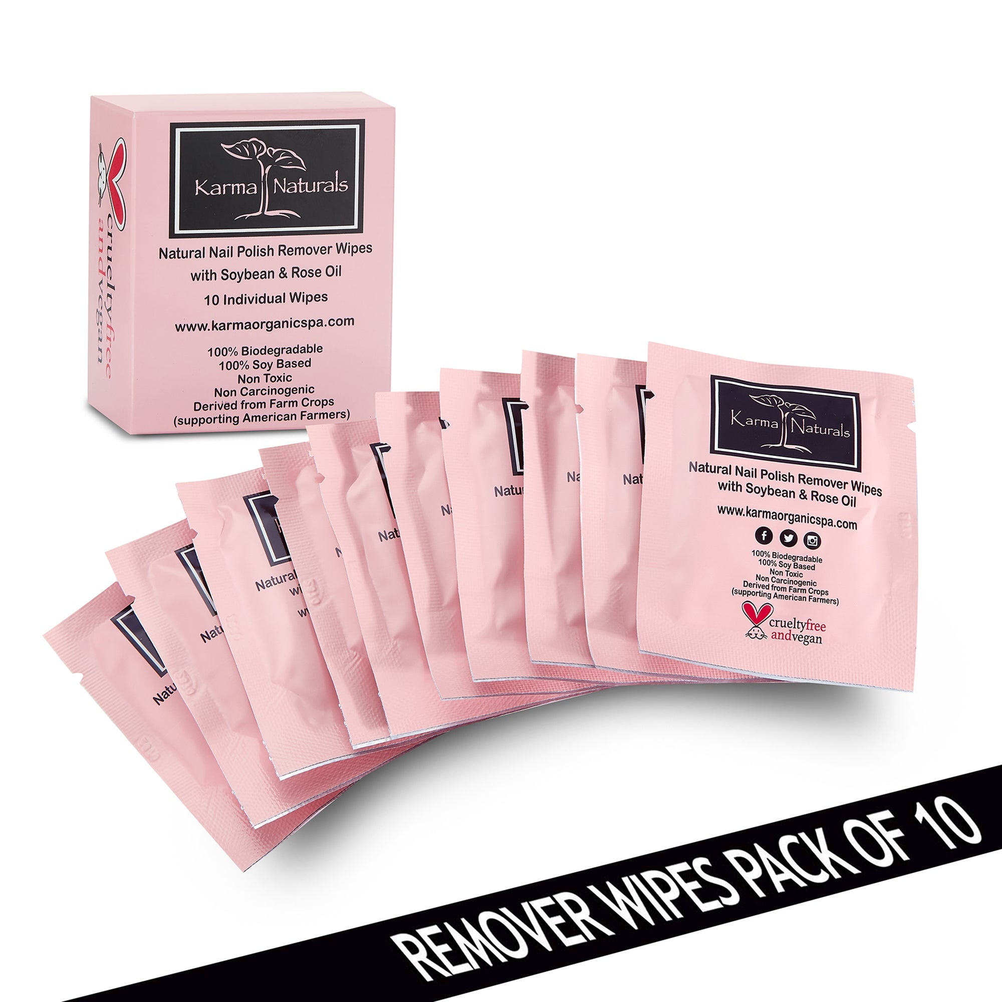 Karma Naturals Nail Polish Remover Wipes with Rose Oil - 1 Pack of 10 Individually Wrapped Wipes