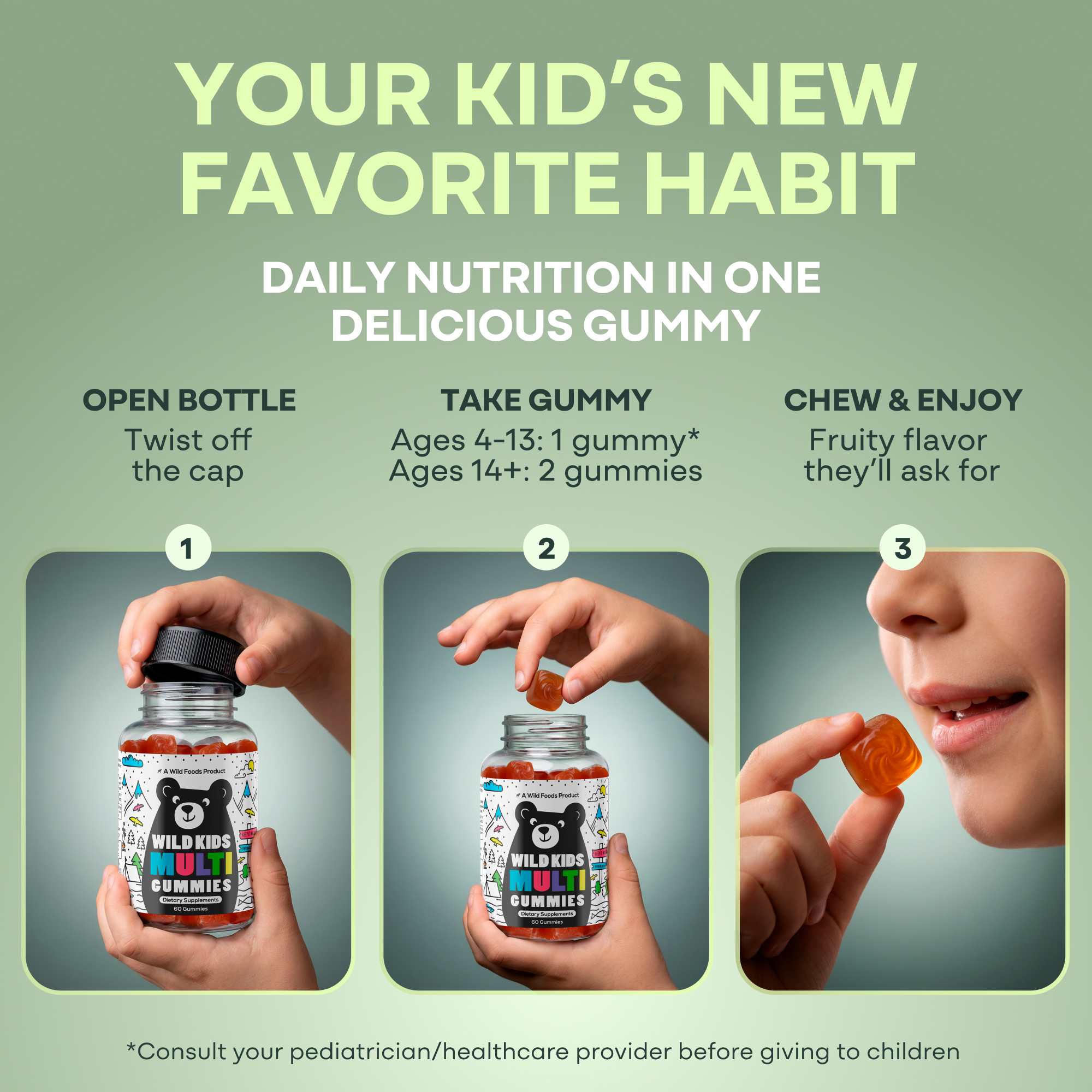 Wild Kids Multivitamin Gummies – formulated to support focus and a positive mood in growing kids.