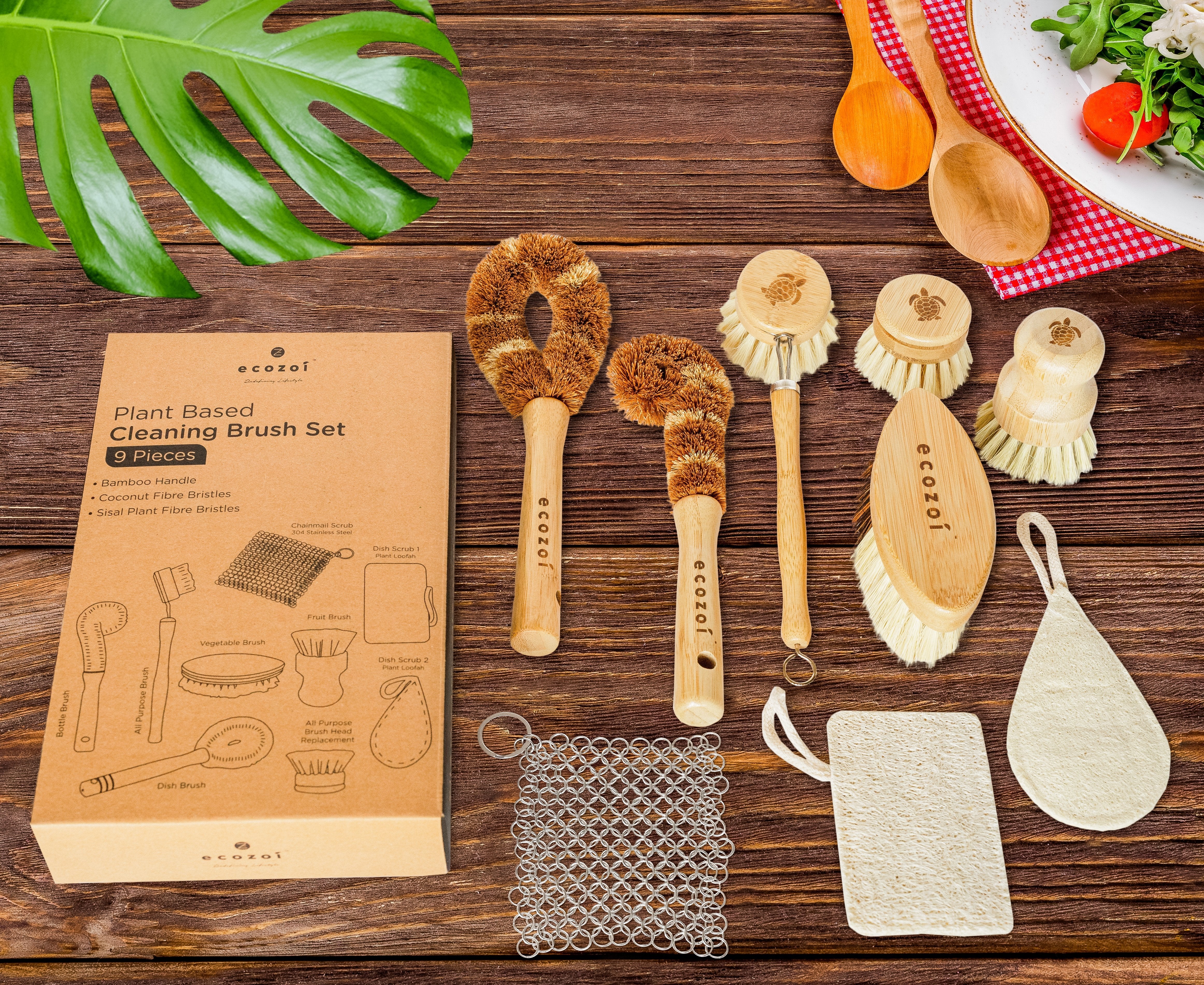 Dish Brush Set, 9 Piece Kitchen Scrub, Zero Waste Brush Set, Plant Based Vegetable Brush Set by ecozoi