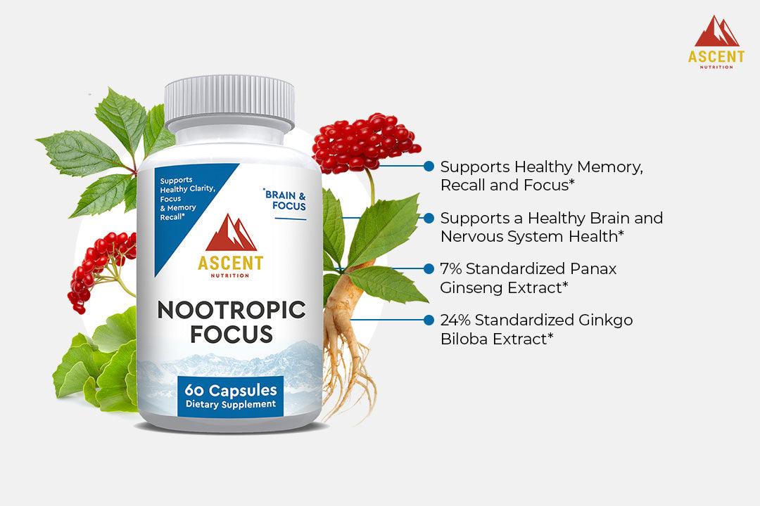 Nootropic Focus, 60 Capsules, 800 mg Ginseng + 720 mg Ginkgo Biloba each by Ascent Nutrition