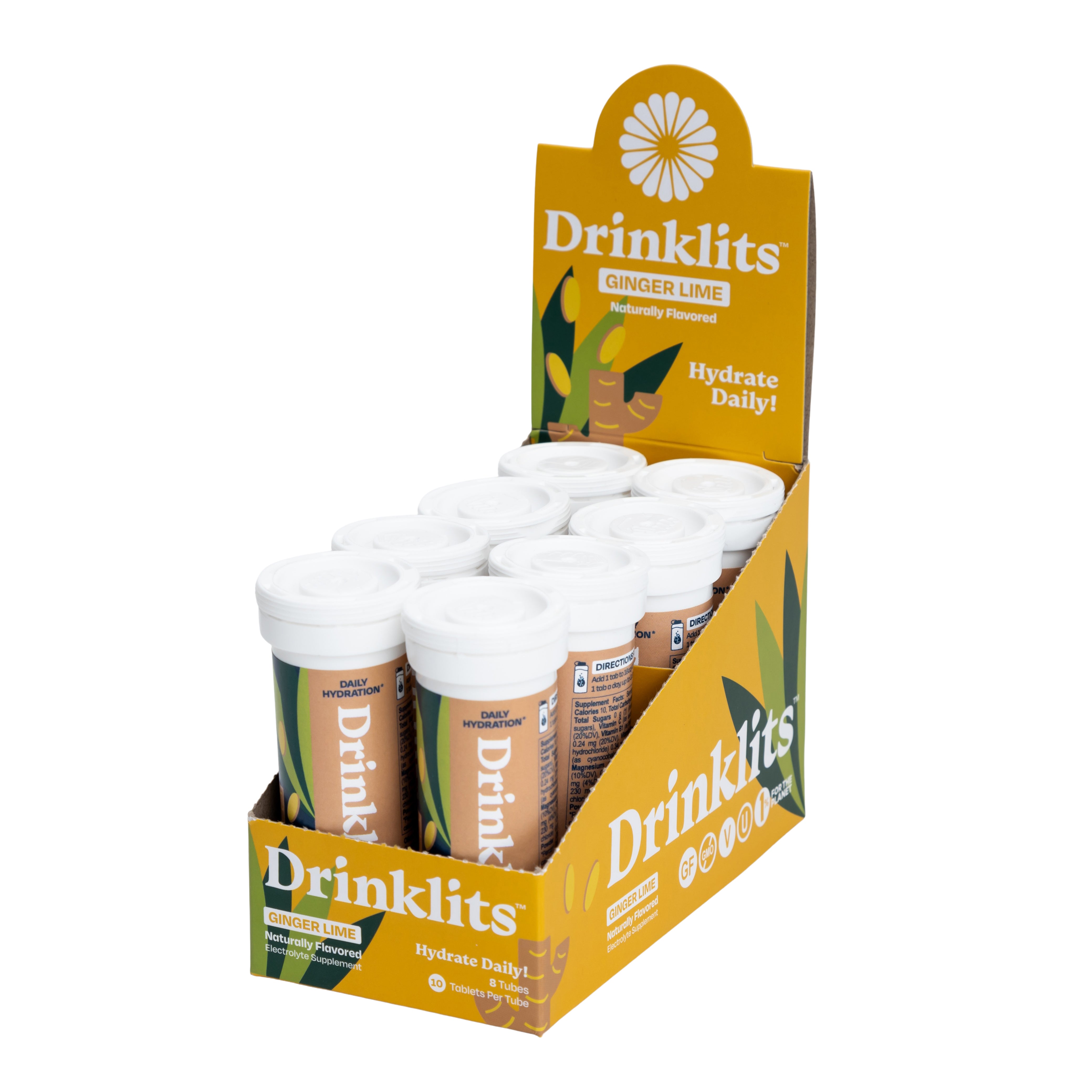 GINGER-LIME Electrolyte Tablets for Daily Hydration (8 Tubes, 80 Servings) by Drinklits