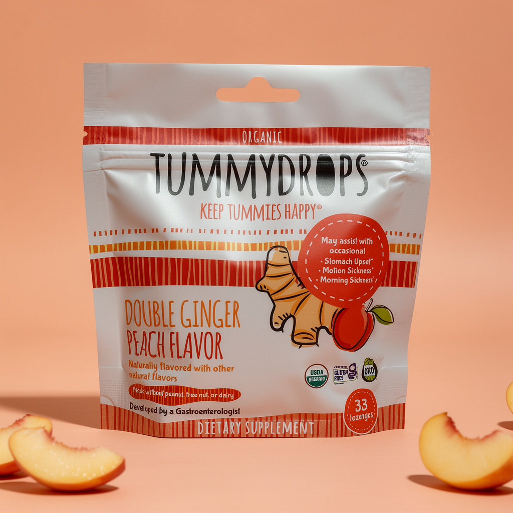 Double Ginger Peach Tummydrops | Organic Lozenges 33ct Bag