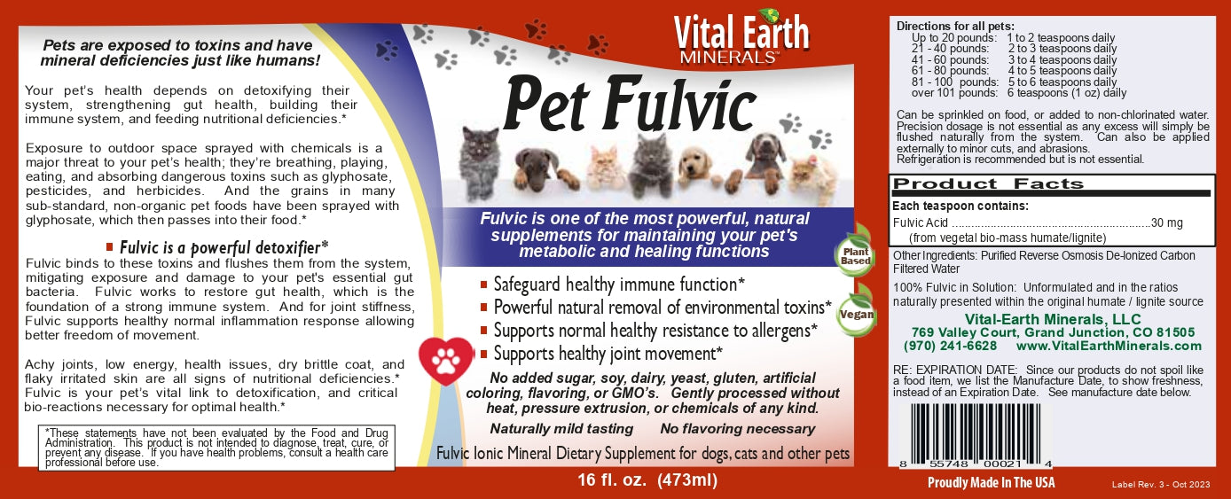 Fulvic Minerals Liquid for Animals, 16 Oz.