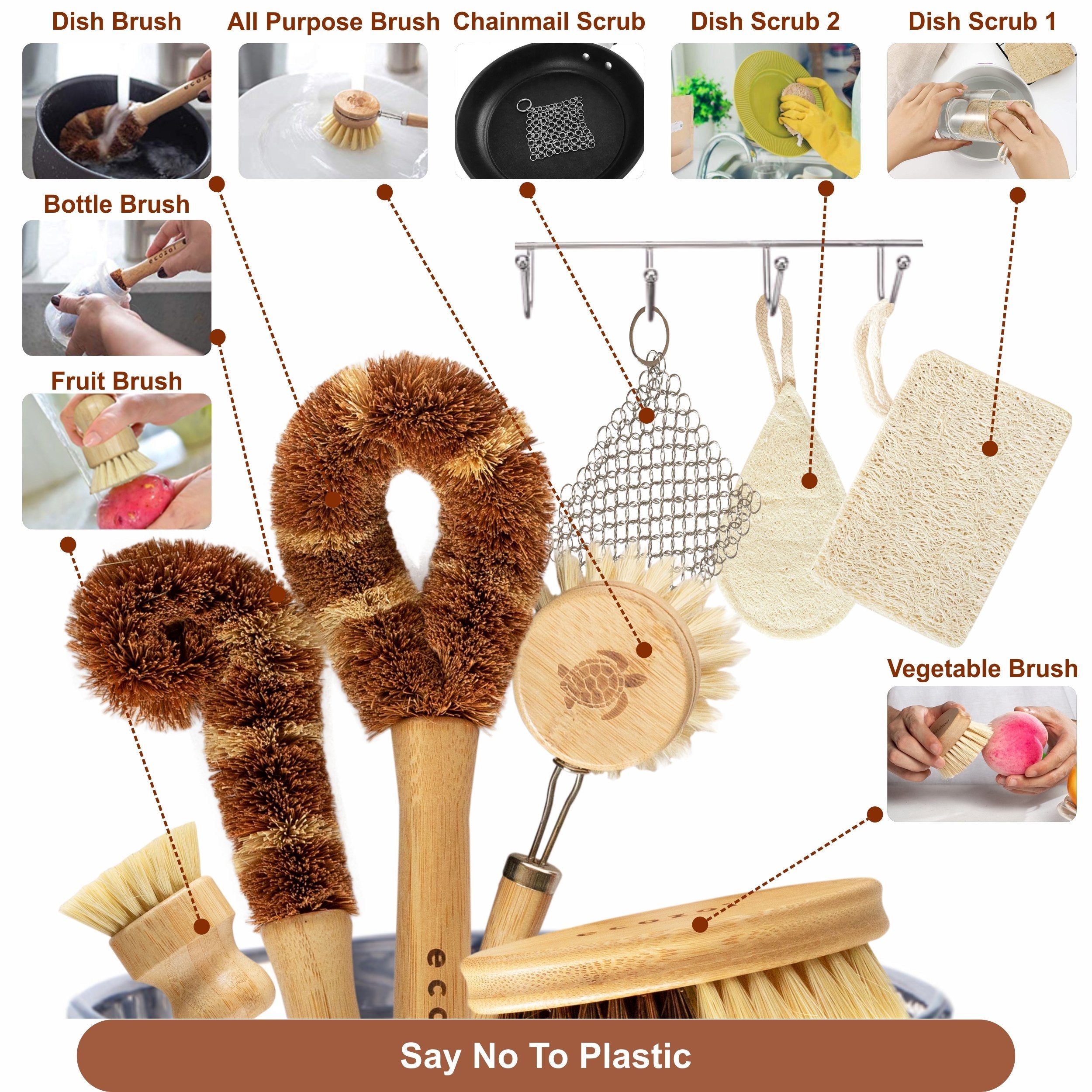 Dish Brush Set, 9 Piece Kitchen Scrub, Zero Waste Brush Set, Plant Based Vegetable Brush Set by ecozoi