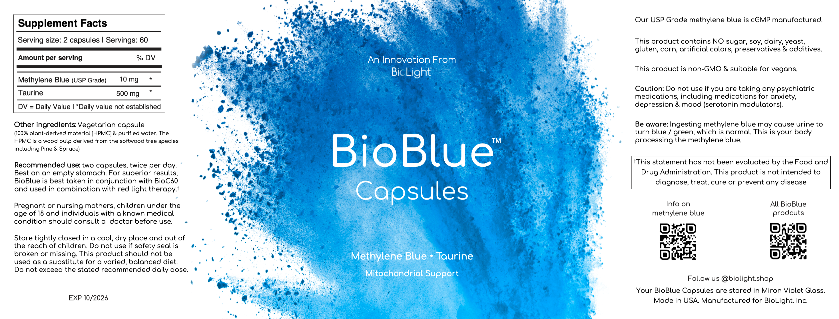 BioBlue Capsules - Methylene Blue & Taurine Supplement for Brain Health & Mitochondrial Support