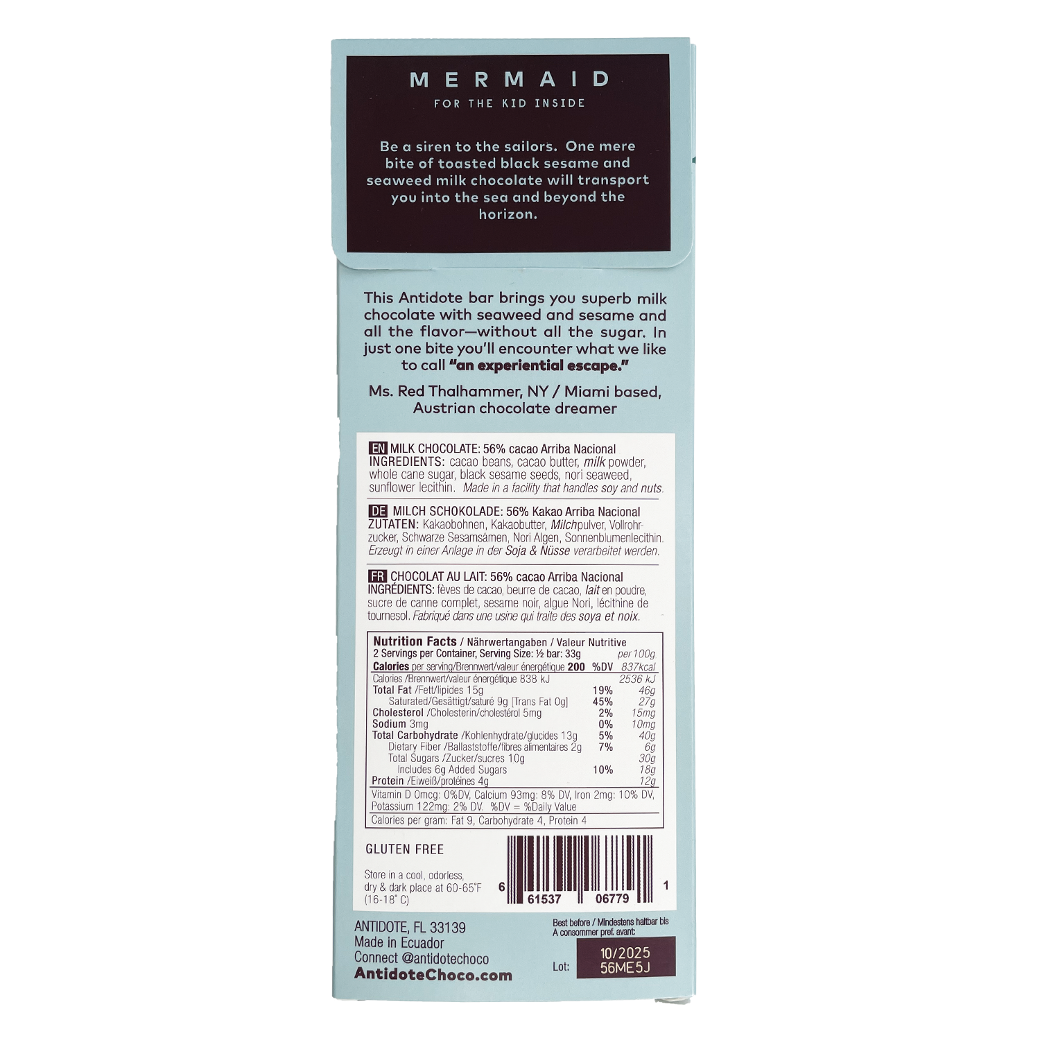Antidote Chocolate MERMAID: SEAWEED + BLACK SESAME MILK CHOCOLATE 56% - 12 Bars by Farm2Me
