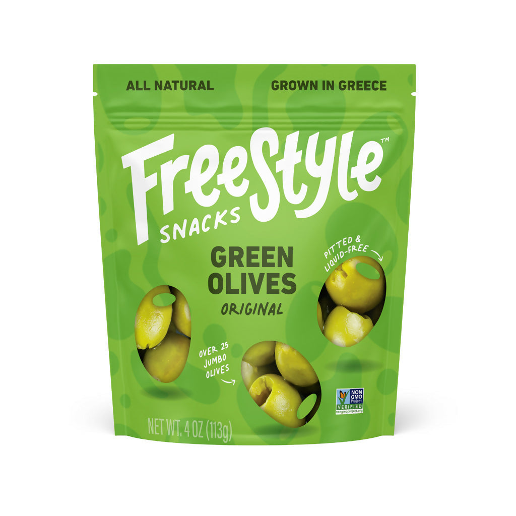 Freestyle Snacks Green Olives Plain Original - 6 bags x 4oz by Farm2Me