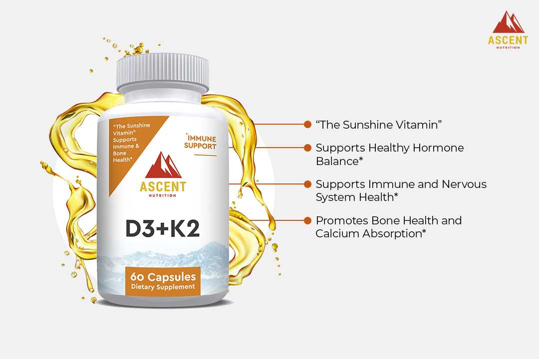 D3 + K2, 60 Capsules, 125 mcg D3 + 100 mcg K2 by Ascent Nutrition