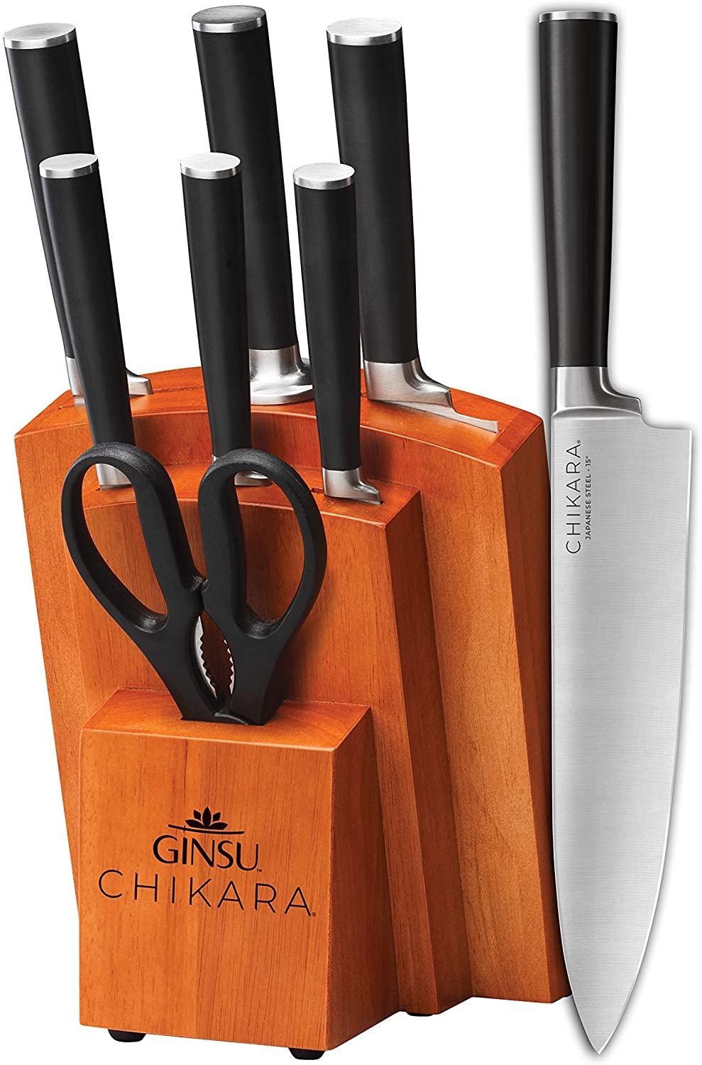 Ginsu Gourmet Chikara Series Forged 420J Japanese Stainless Steel 8-Piece Knife Set with Finished Hardwood Block by Jupiter Gear Home