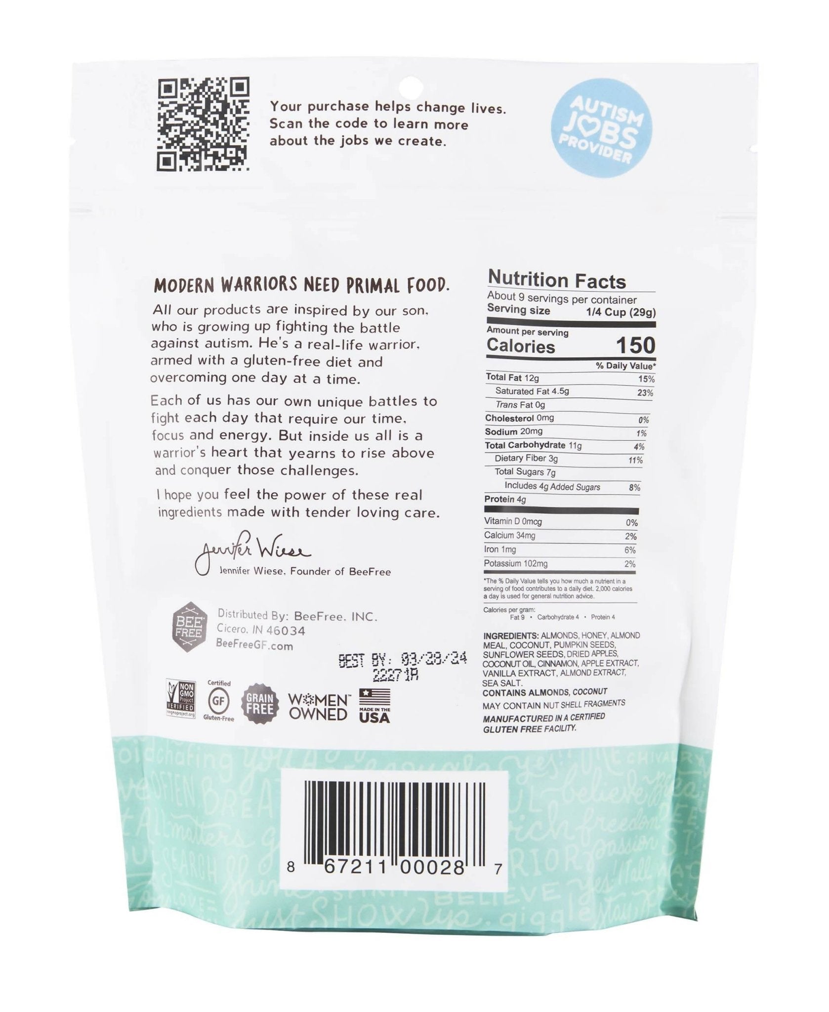 Bee Free Warrior Mix: Mae's Apple Pie Granola, Gluten Free, Grain Free - 12 Bags x 9oz by Farm2Me