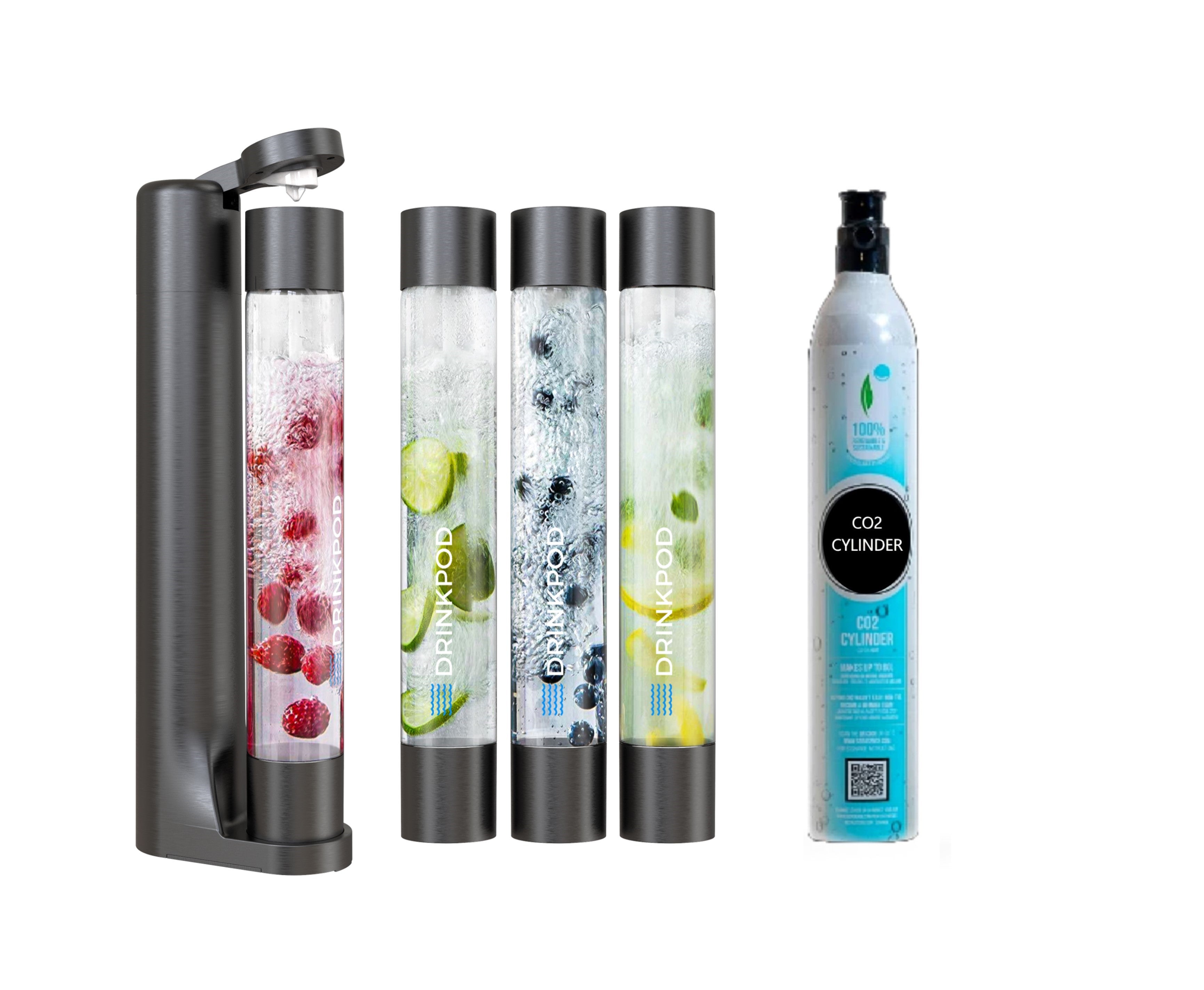 FIZZPod Soda Machine + 1 CO₂ Cylinder - Make Homemade Sparkling Water, Juice, Tea and Cocktail Drinks with Fruits & Candy by Drinkpod