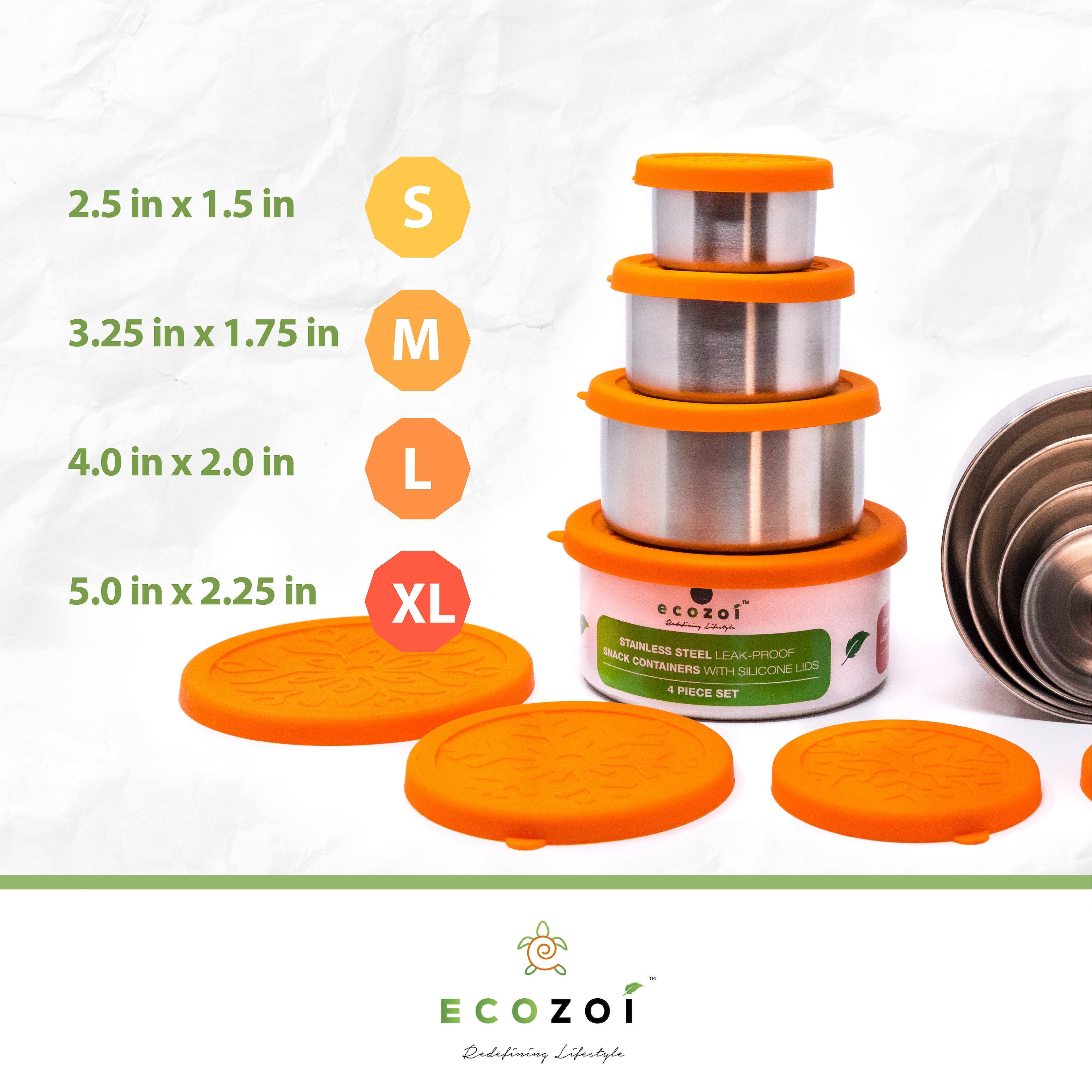 Eco-Friendly 4-Piece Stainless Steel Lunch Box Set - Leak-Proof, BPA-Free, with Cotton Travel Bag, 74 oz by ecozoi