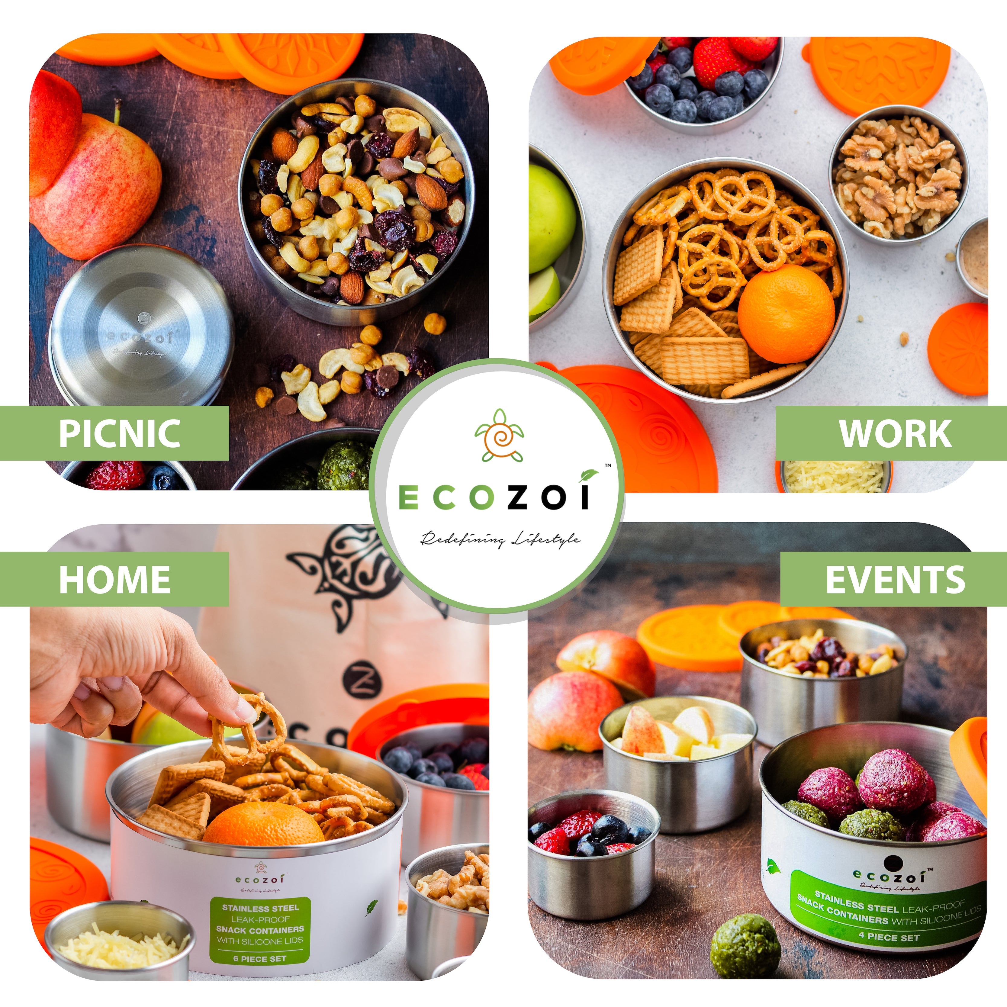 Eco-Friendly 4-Piece Stainless Steel Lunch Box Set - Leak-Proof, BPA-Free, with Cotton Travel Bag, 74 oz by ecozoi