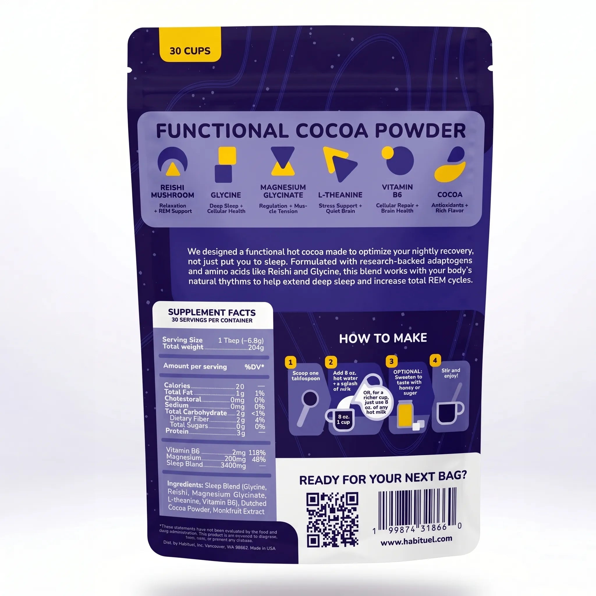 Mushroom Hot Cocoa for Sleep by Habituel — Magnesium Glycinate + Reishi + Glycine + L-Theanine + B6. Melatonin-Free, 0g Sugar