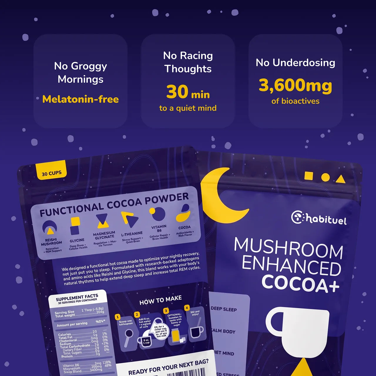 Mushroom Hot Cocoa for Sleep by Habituel — Magnesium Glycinate + Reishi + Glycine + L-Theanine + B6. Melatonin-Free, 0g Sugar