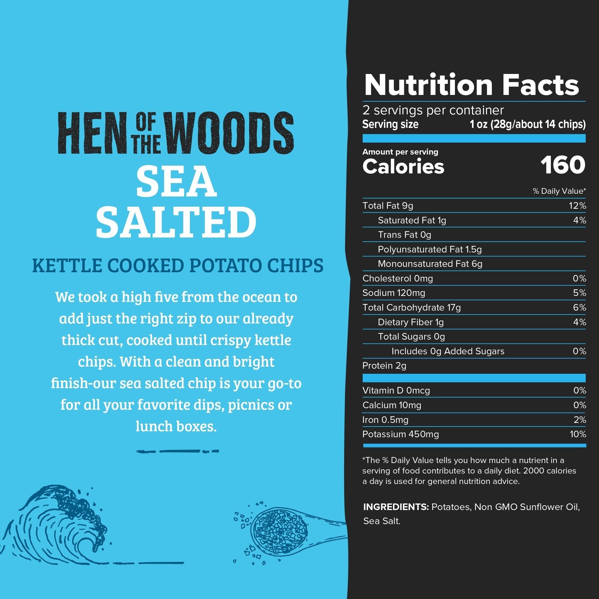 Hen of the Woods Sea Salted Kettle Chips Bag - 60 bags x 2oz case by Farm2Me