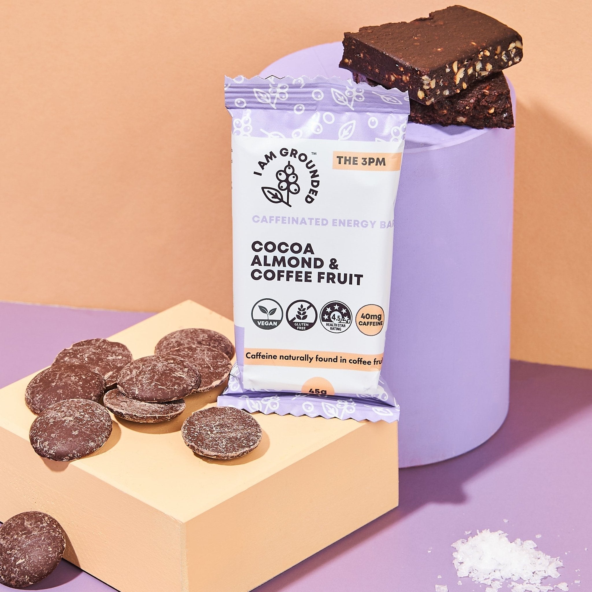 I Am Grounded THE 3PM - Cocoa, Almond & Coffee Fruit Box (V) (GF) - 1/4 Pallet (192 Boxes x 10 Packs) by Farm2Me