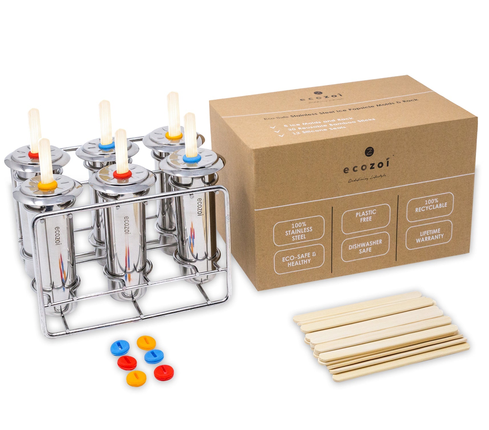 Stainless Steel Popsicle Molds, Round with Reusable Bamboo Sticks by ecozoi