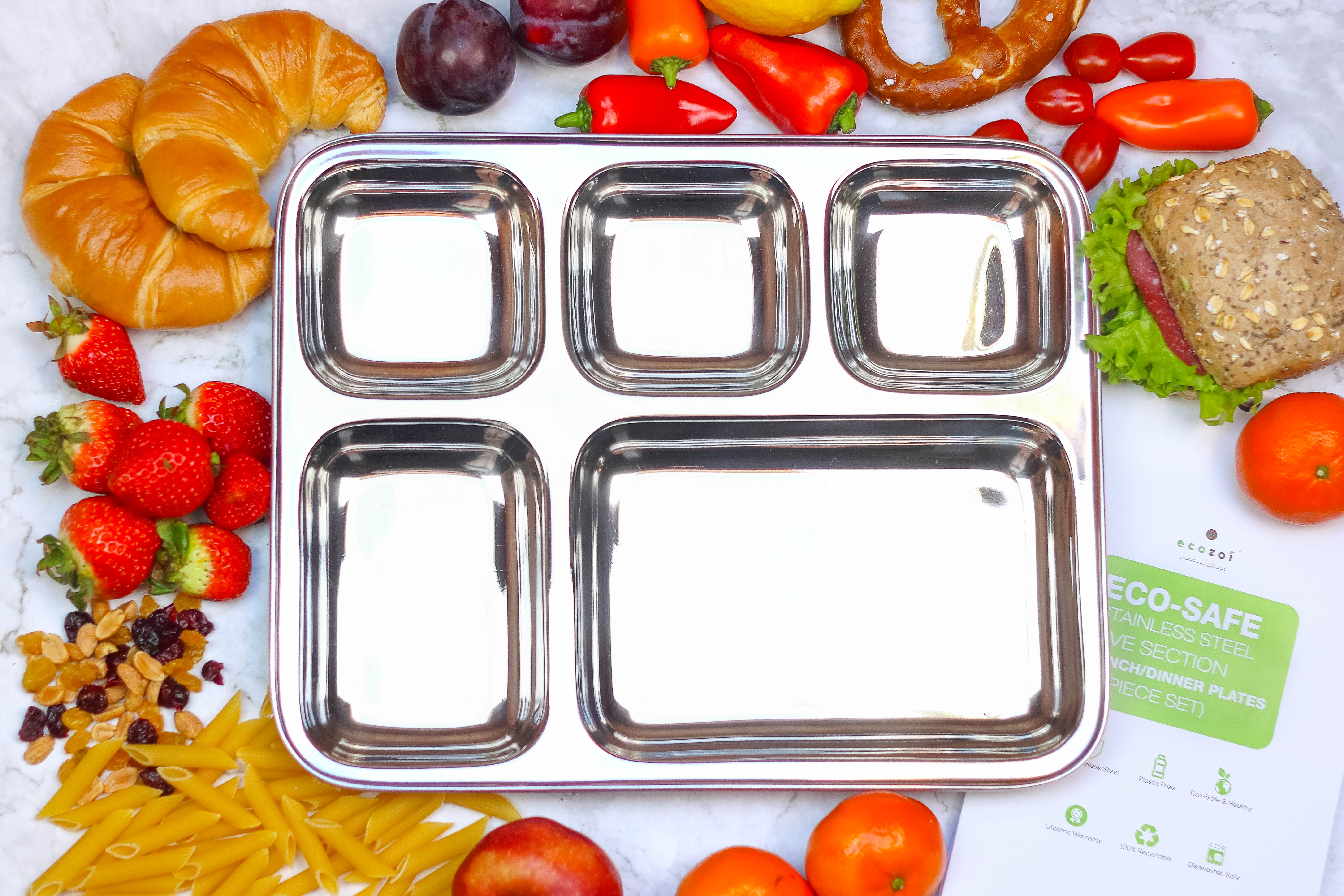 Stainless Steel Dinner Plates, Reusable, 5 Compartments, 2 Pack by ecozoi