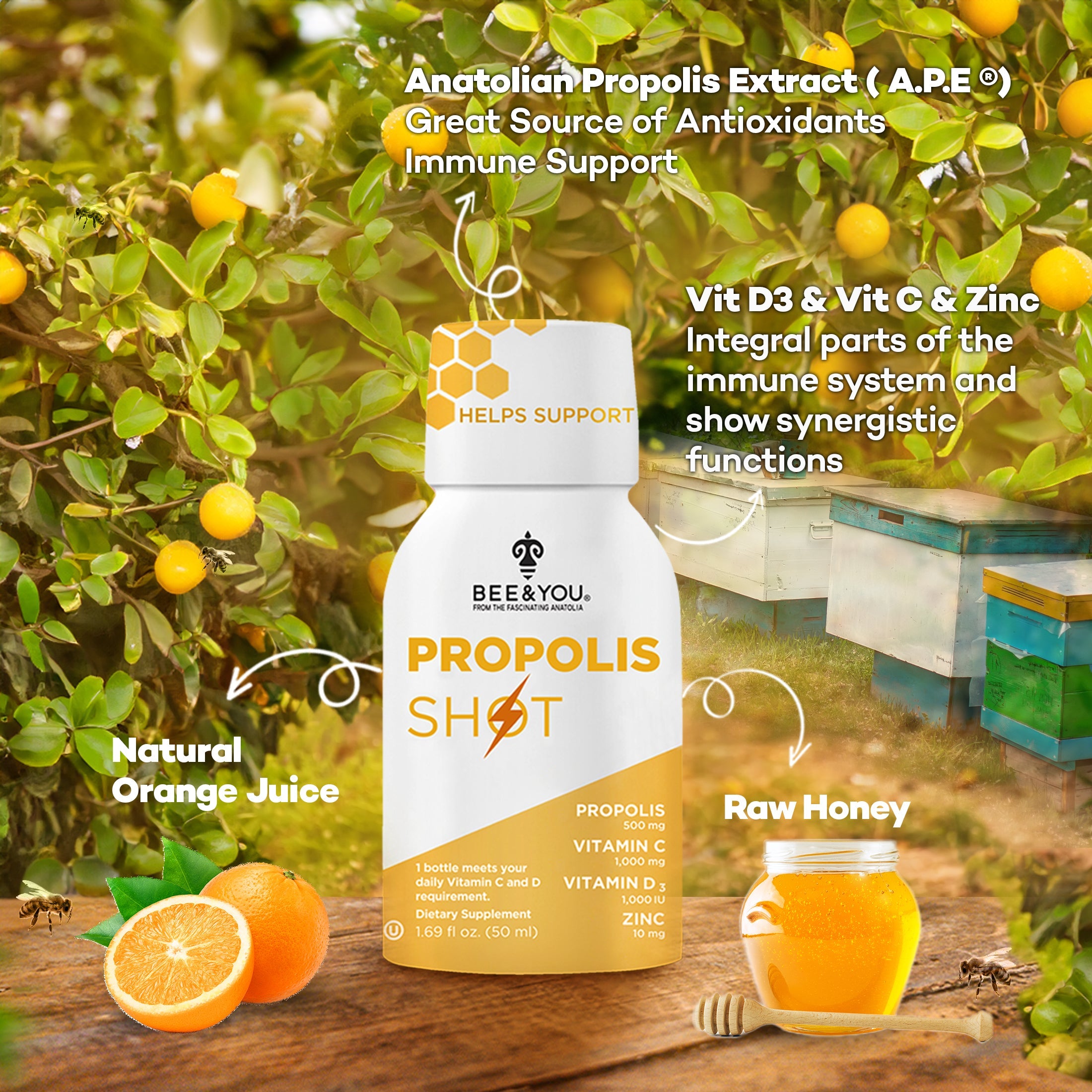 Propolis+VitC+VitD3+Zinc Immune Support Shot Drink for Adults x 12