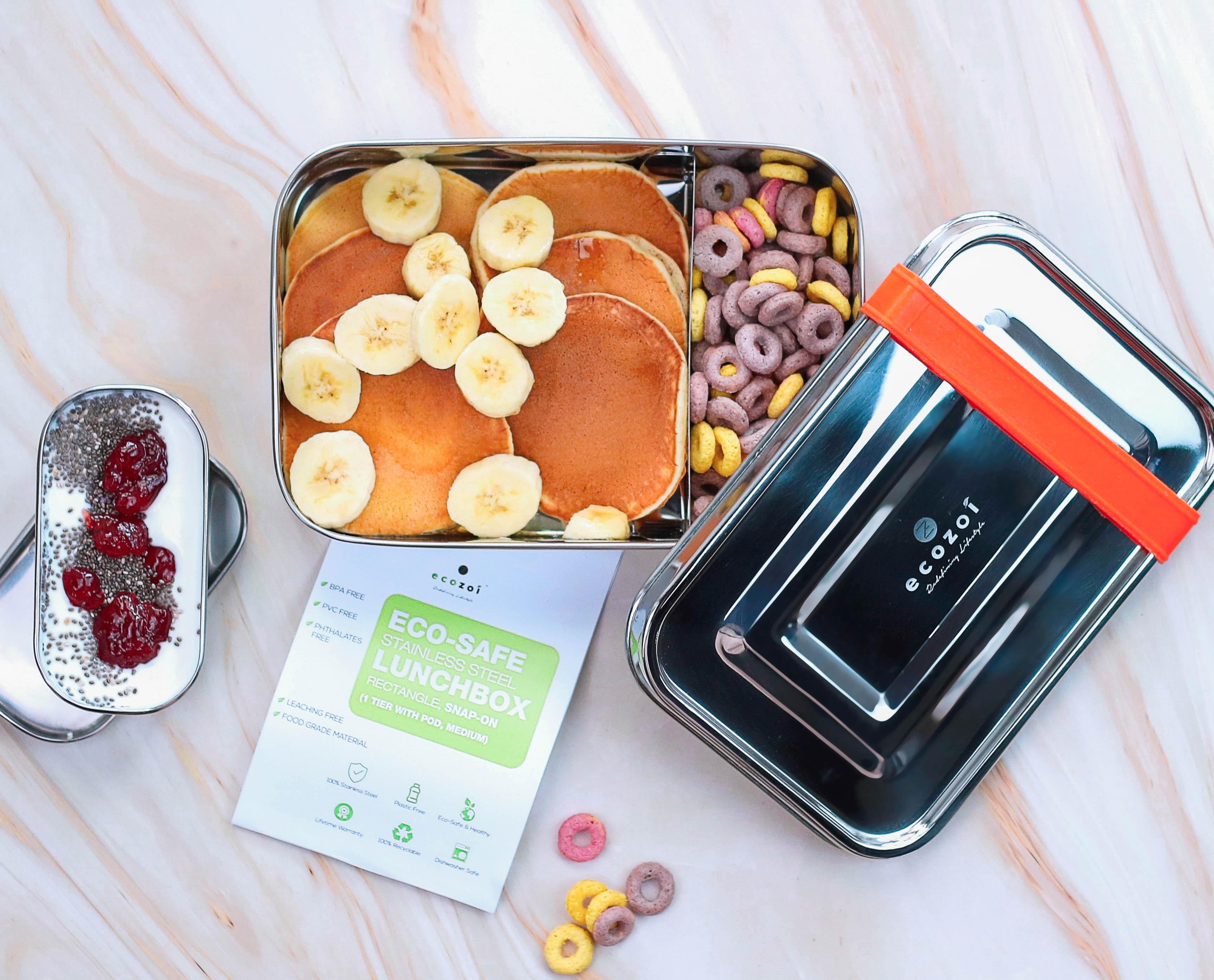 STAINLESS STEEL LUNCH BOX, 1 TIER MICROWAVABLE, WITH REMOVABLE DIVIDER, 50 OZ by ecozoi
