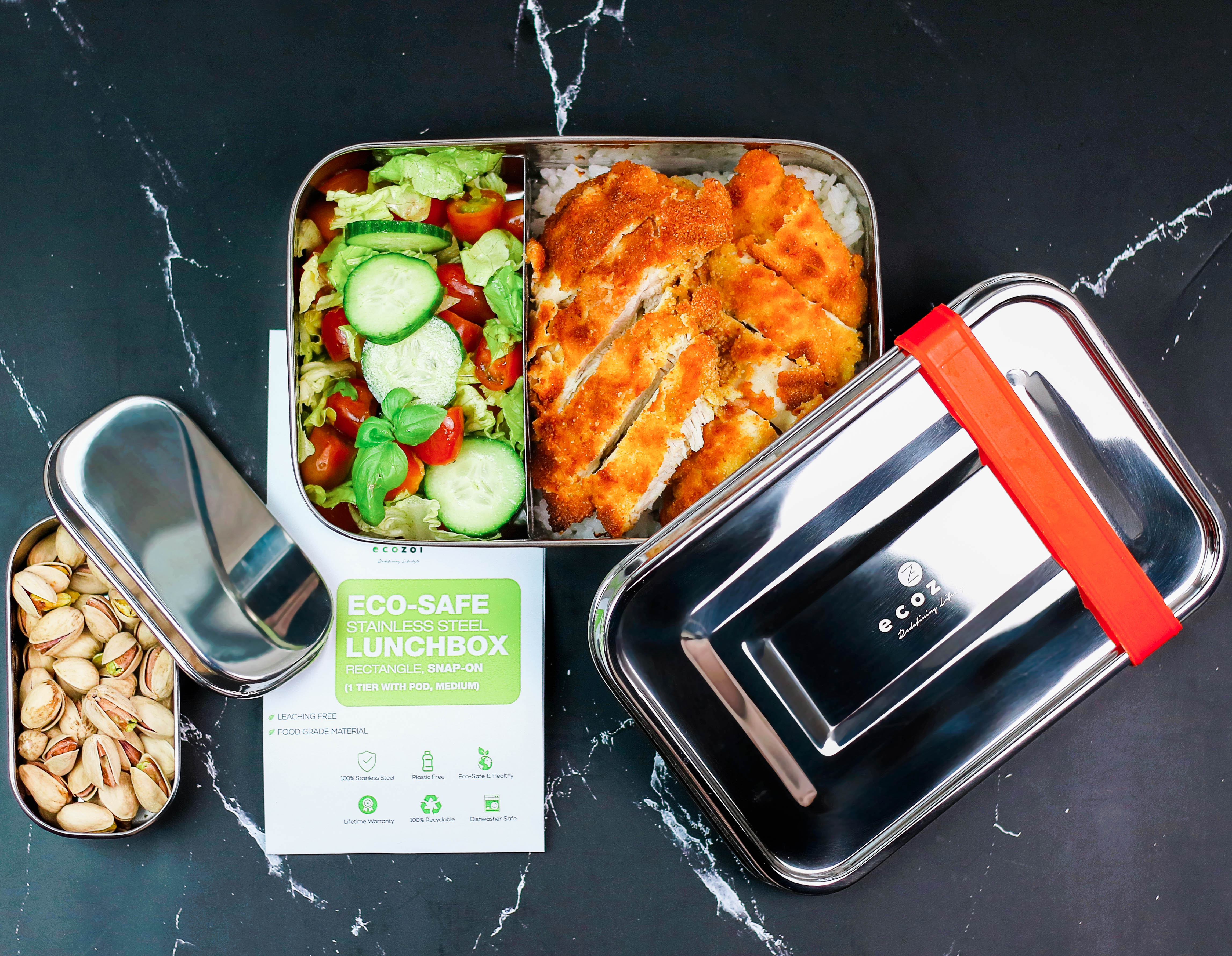 STAINLESS STEEL LUNCH BOX, 1 TIER MICROWAVABLE, WITH REMOVABLE DIVIDER, 50 OZ by ecozoi